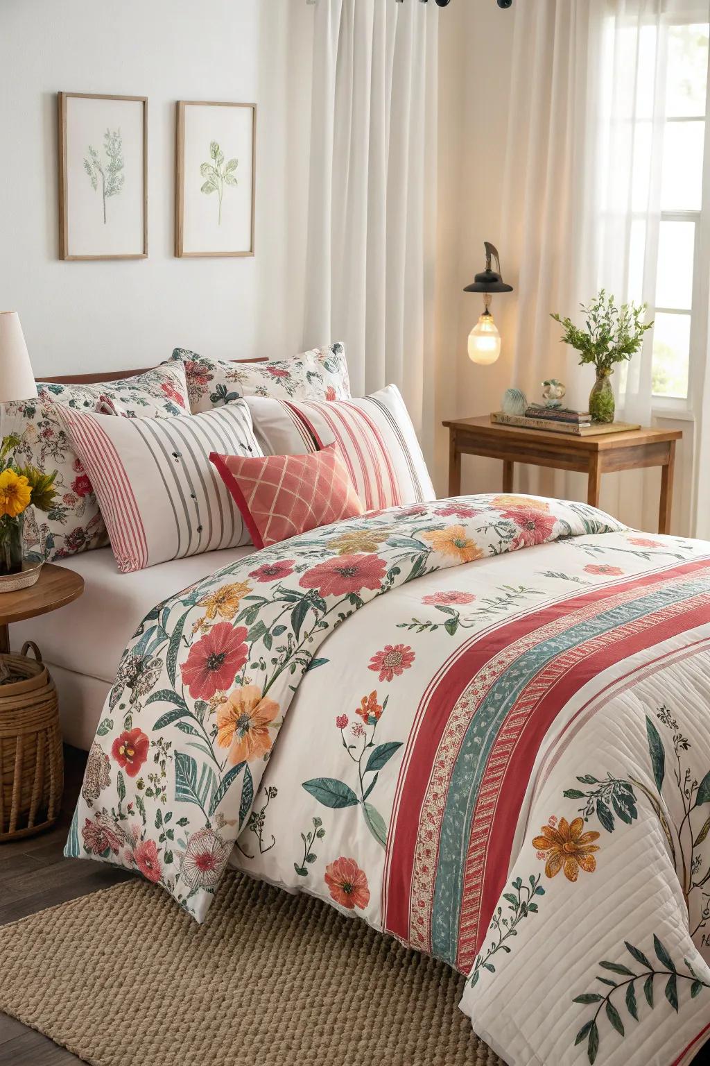 Mixed patterns in bedding adding depth and interest to the room.