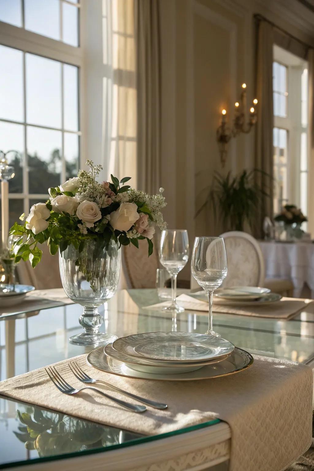 Natural light enhances the transparency and beauty of a glass dining table.