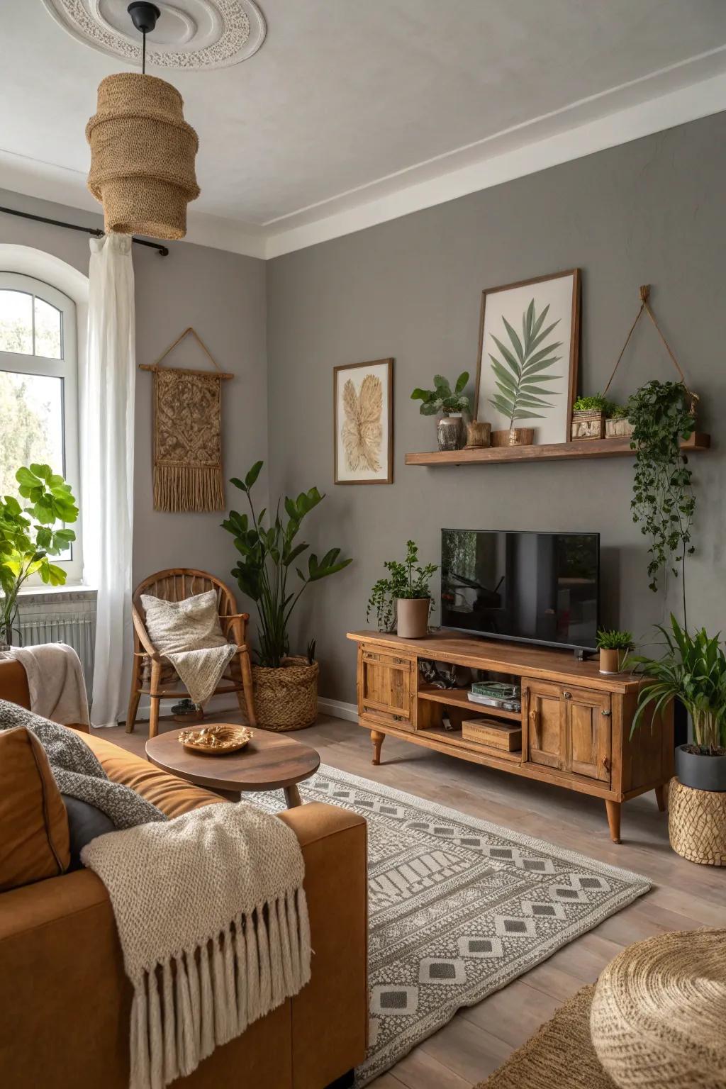 Earthy tones complement the gray walls, creating a balanced living space.