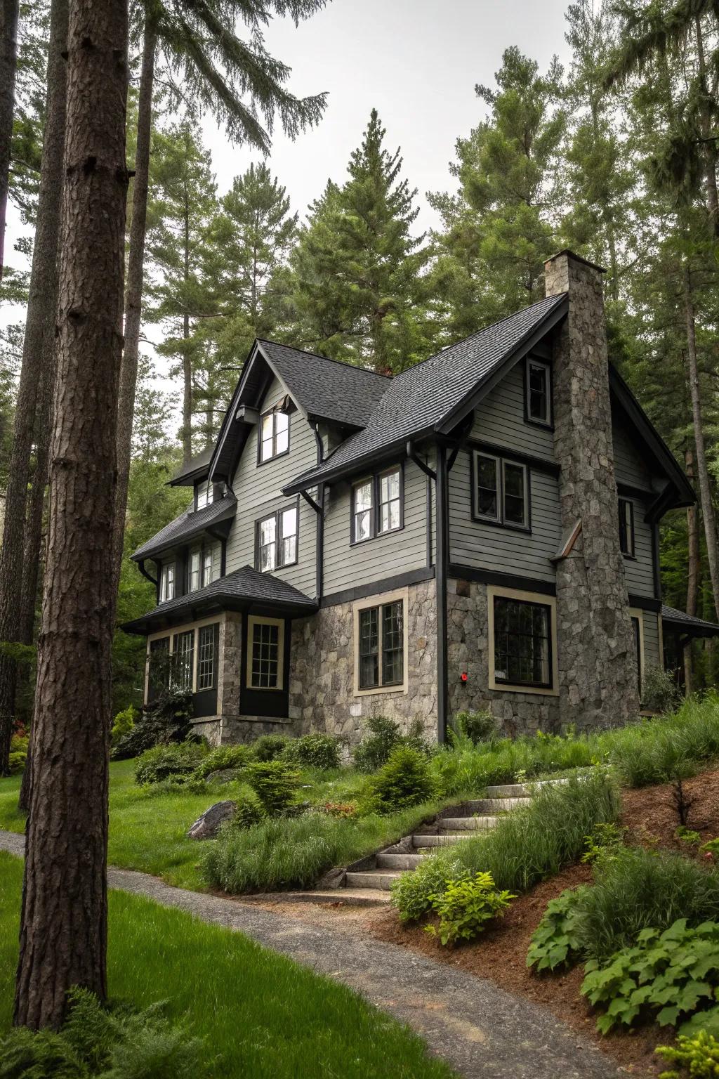 A grey house with black trim, beautifully incorporating natural stone elements in a forest setting.