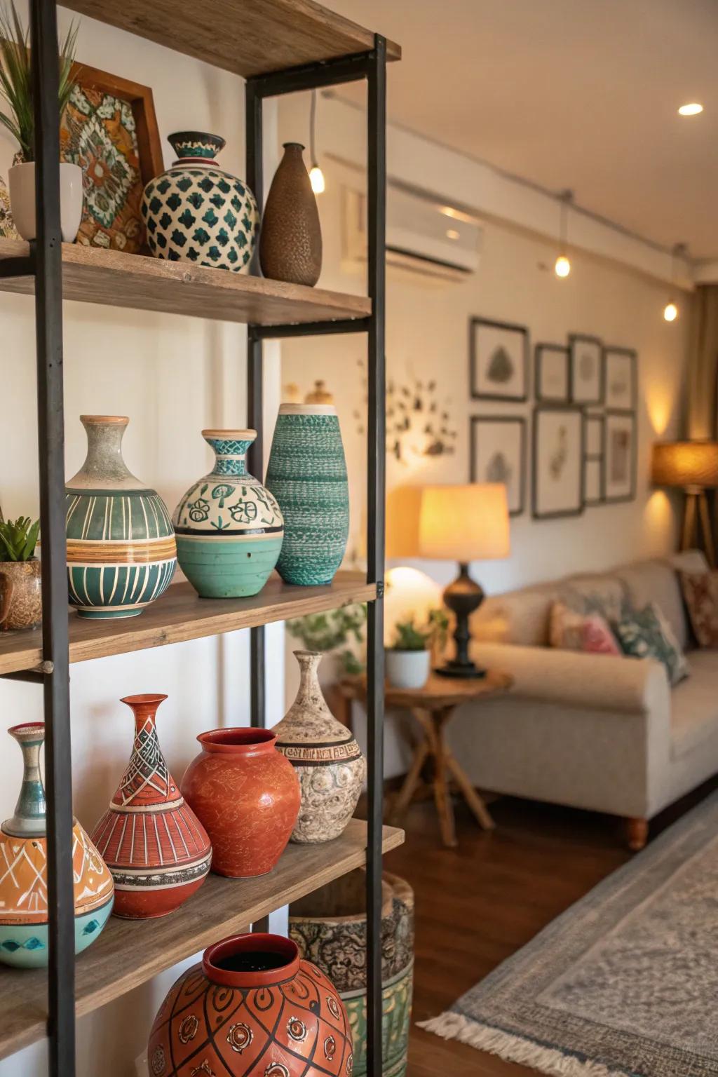 Handcrafted pottery adds an artisanal touch to the living room decor.