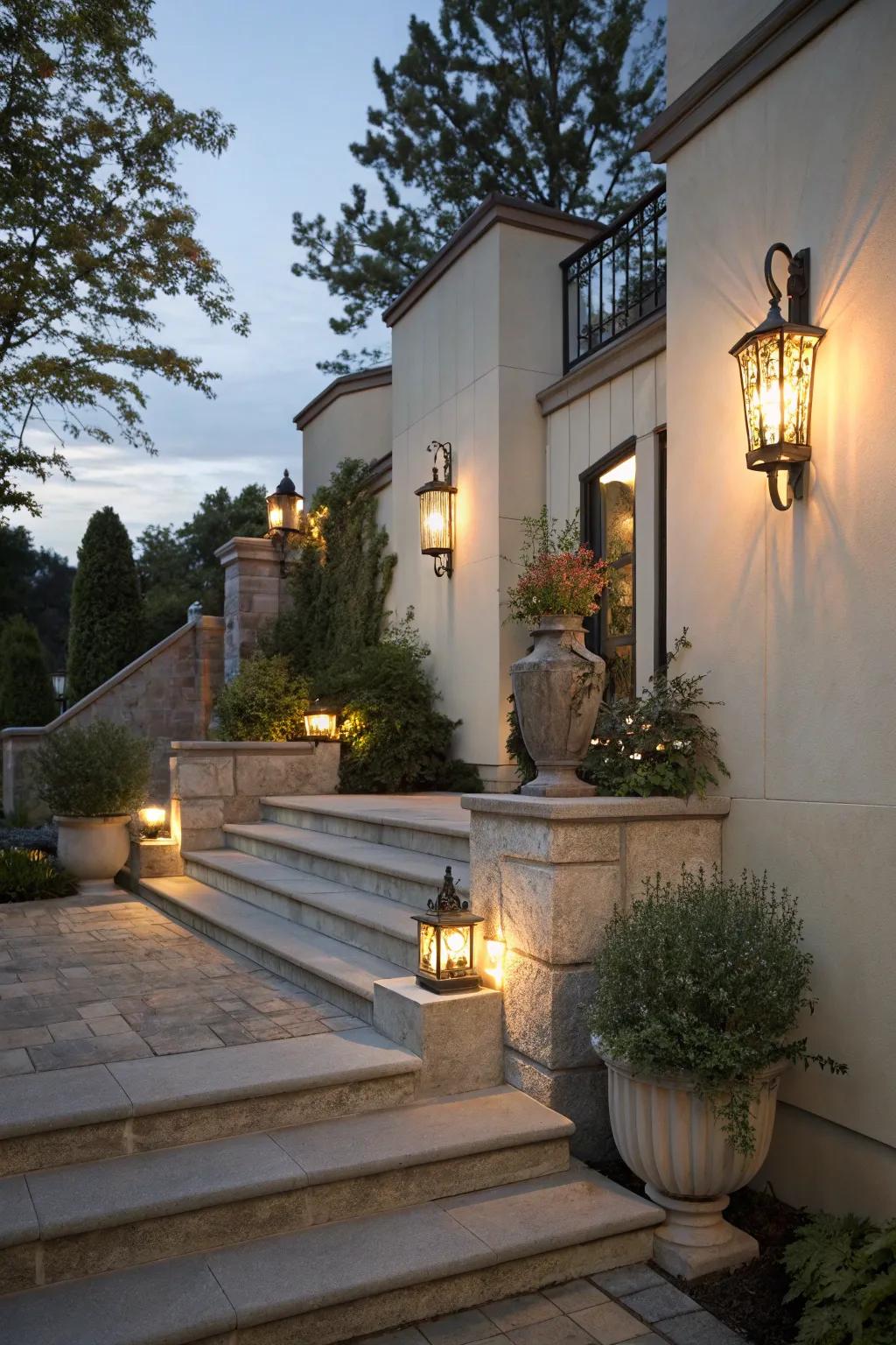 Wall-mounted fixtures offering a sophisticated lighting solution for outdoor steps.