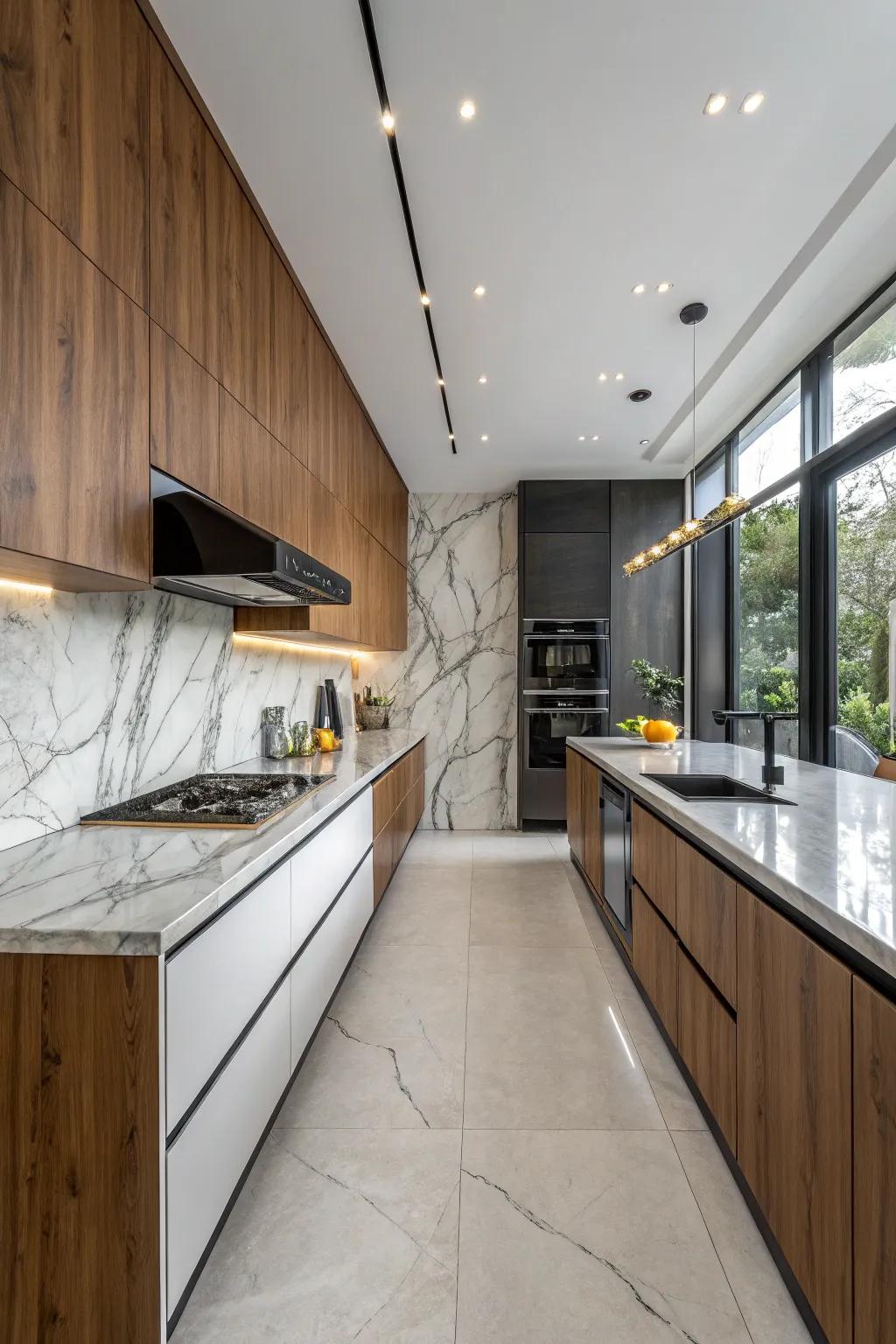 Contrasting materials bring dynamic visual interest to modern kitchens.