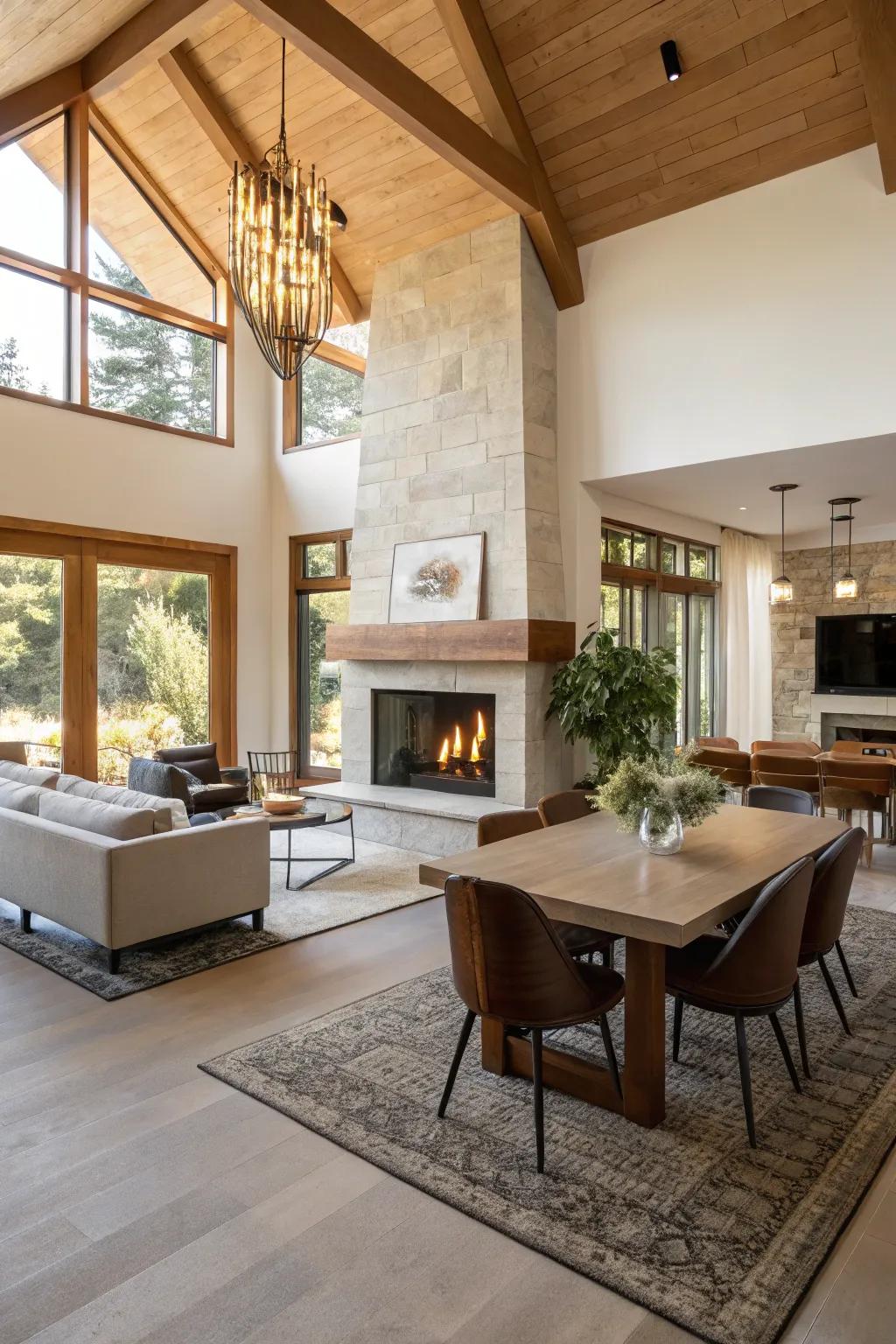 A plaster fireplace in open concept spaces can create visual harmony.