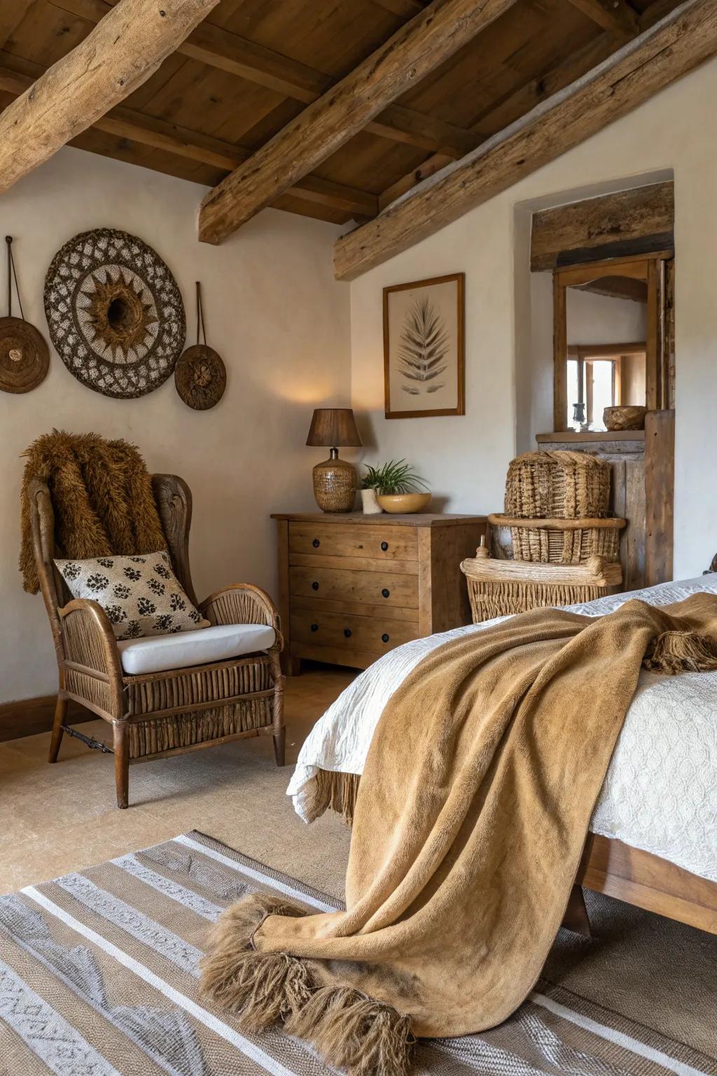 Rawhide throws add warmth and texture to rustic bedroom decor.