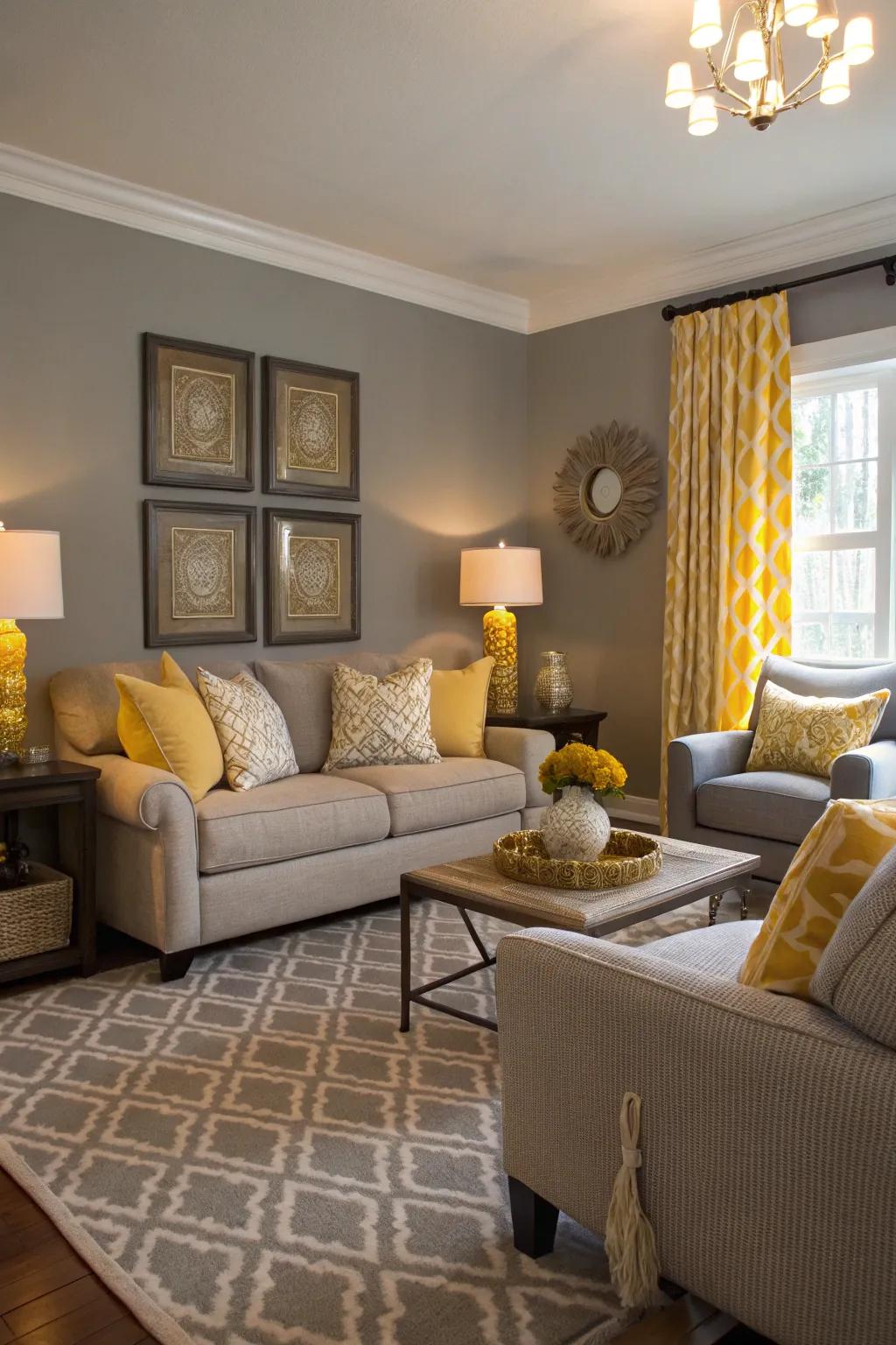 Gray and yellow accents create a chic and sophisticated living room.