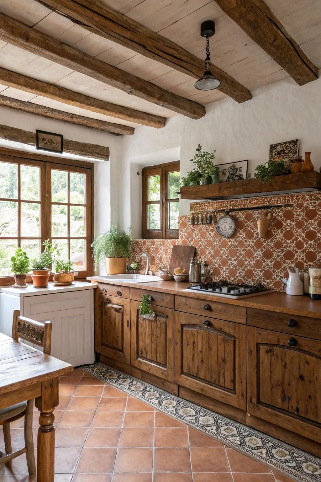 Terracotta mosaics add warmth and rustic charm.