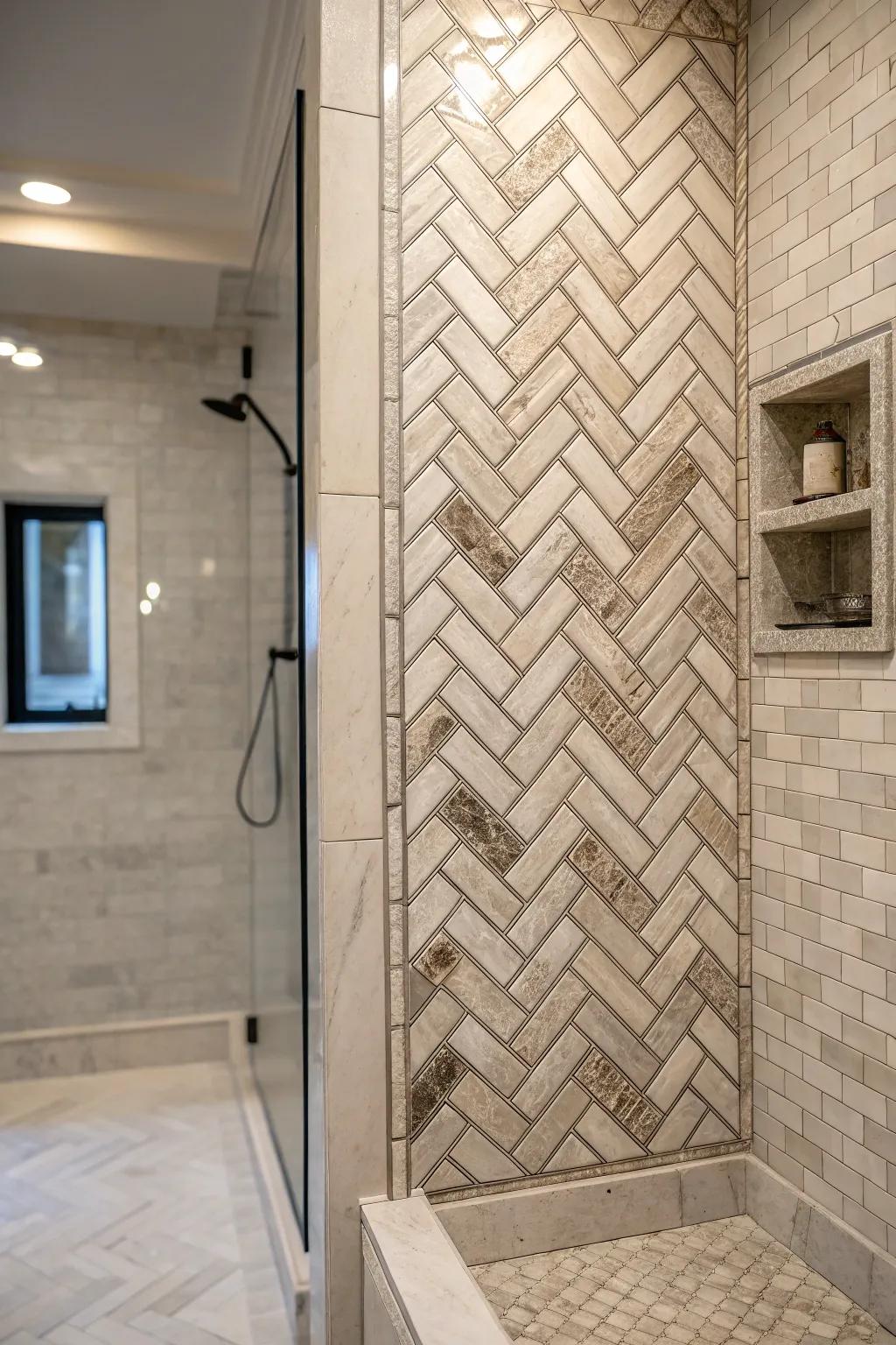 Herringbone mosaics elevate this shower with classic elegance.