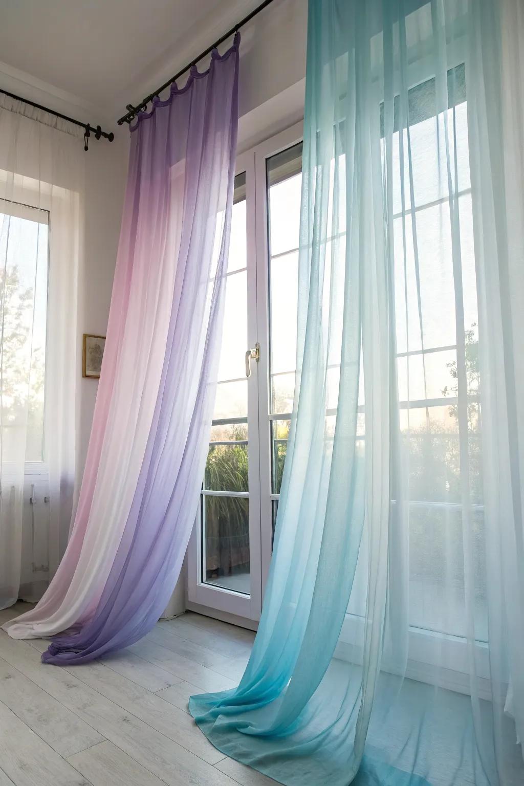 Flowing curtains with ombre effects introduce elegant movement.