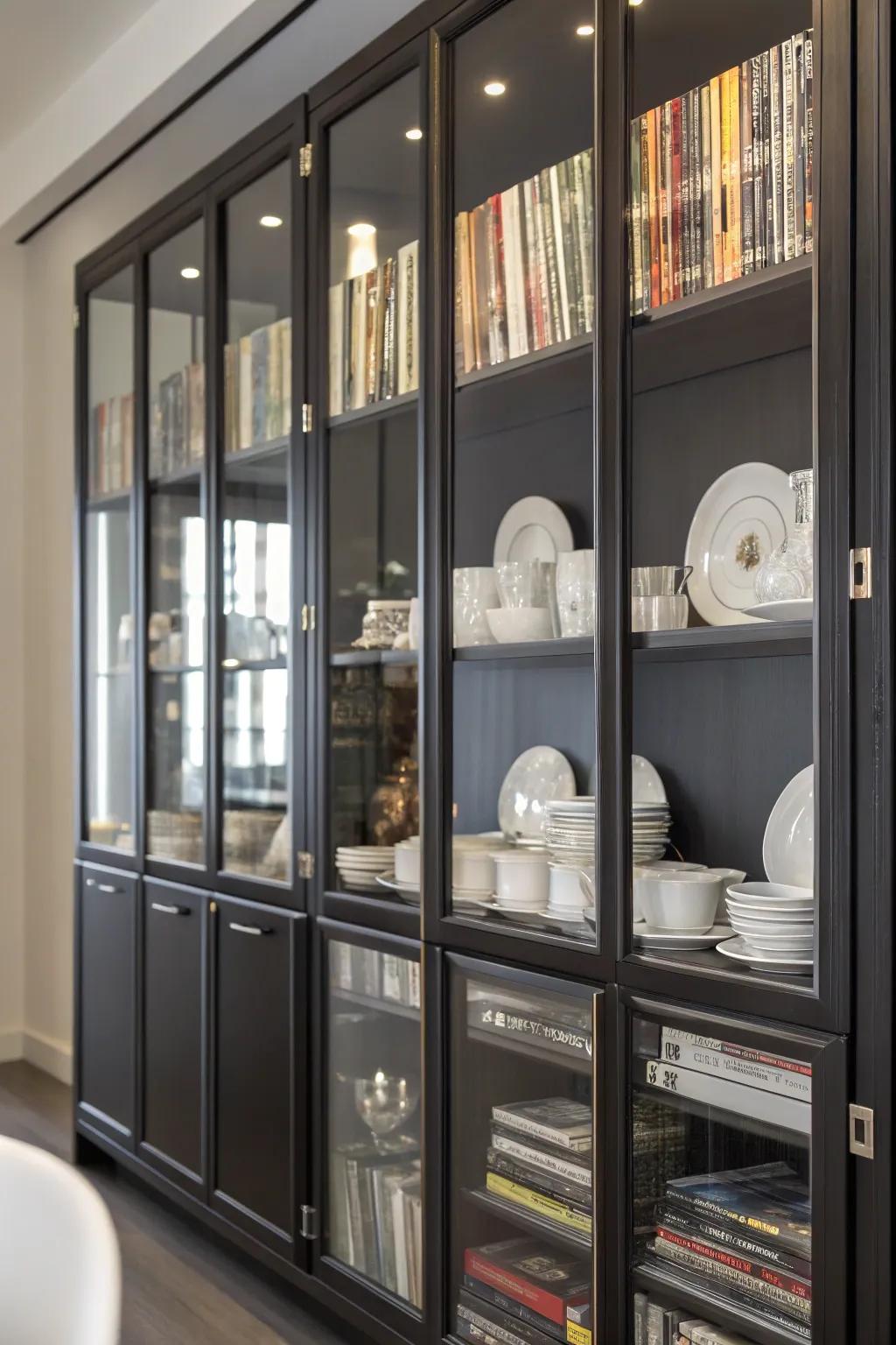 Glass-front cabinets offering elegant storage for DVDs and decor items.