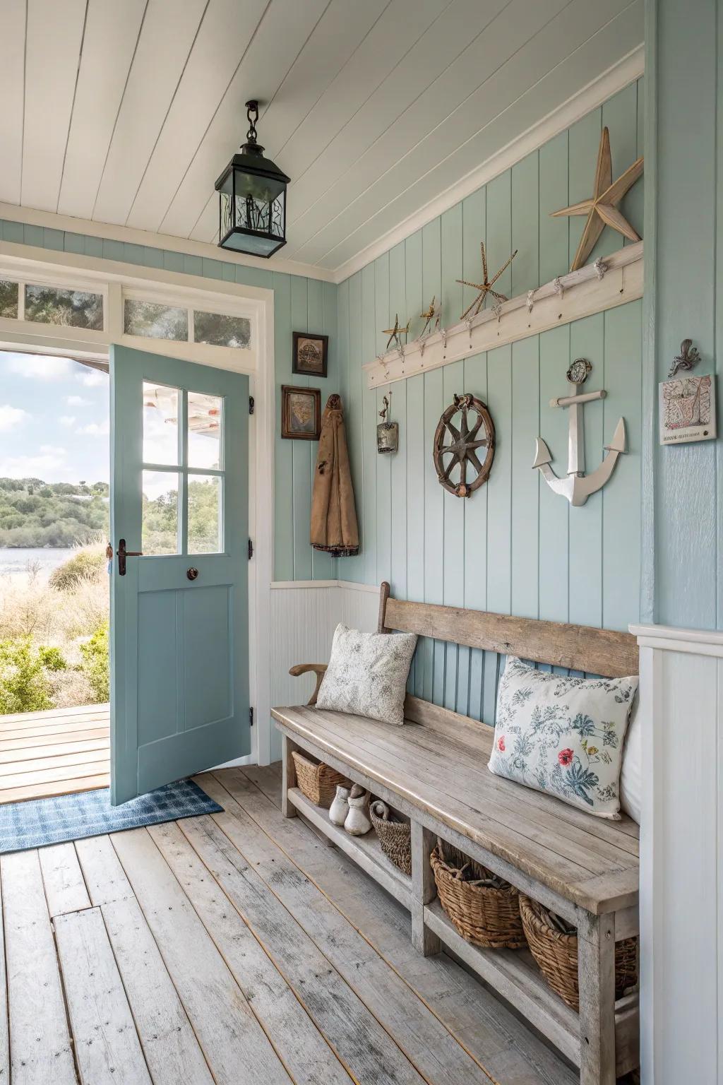 Classic seaside cottage benches bring nautical charm to mudrooms.