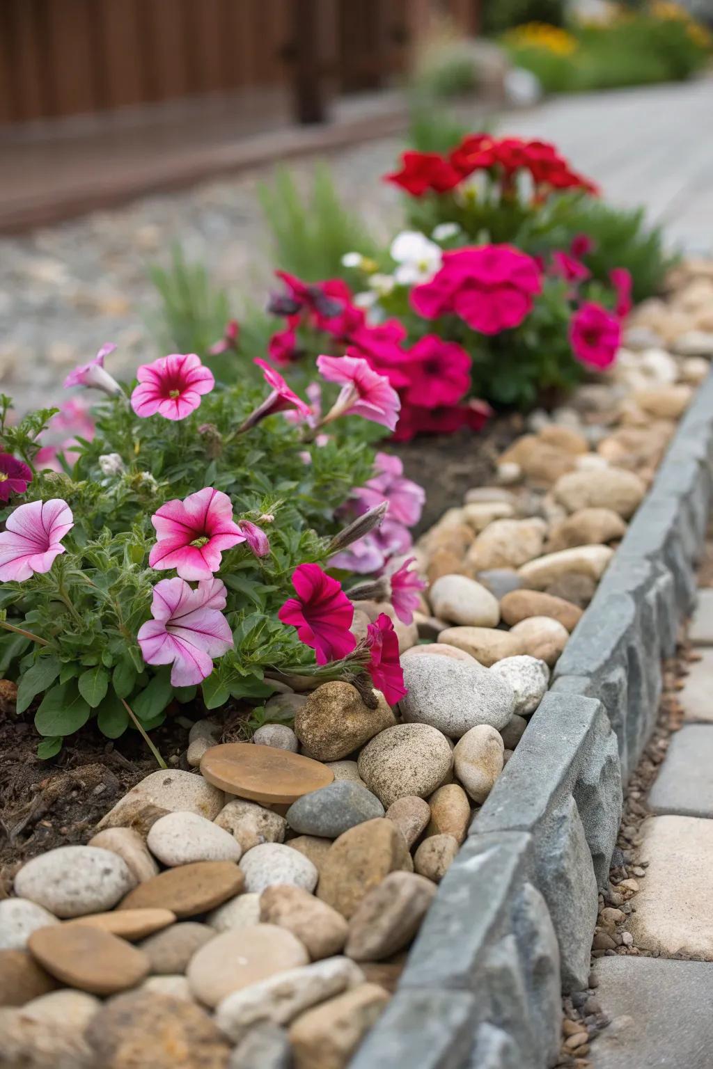 Decorative stones add a modern touch to narrow flower beds.