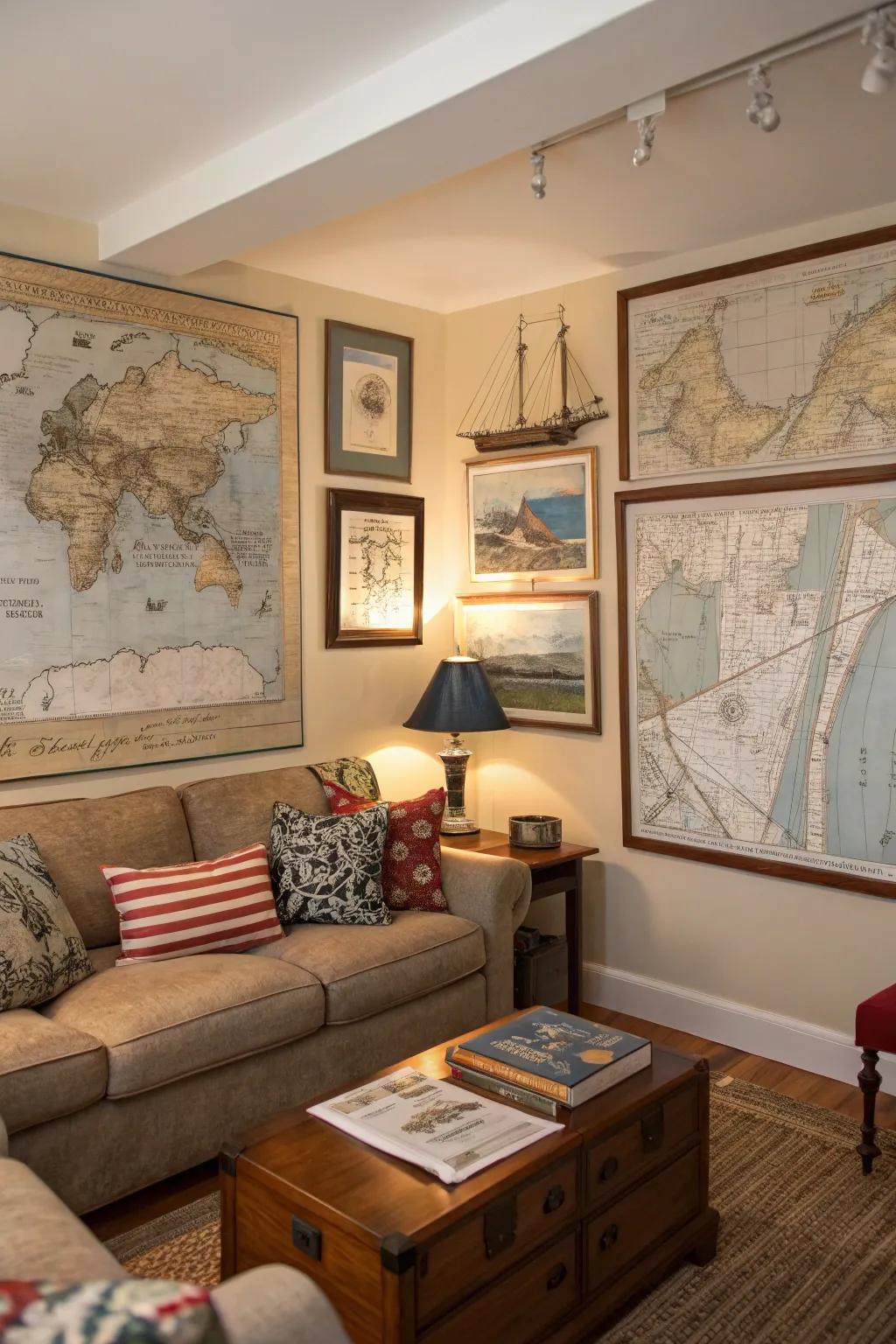 Nautical maps add historical and geographical interest to your living room.