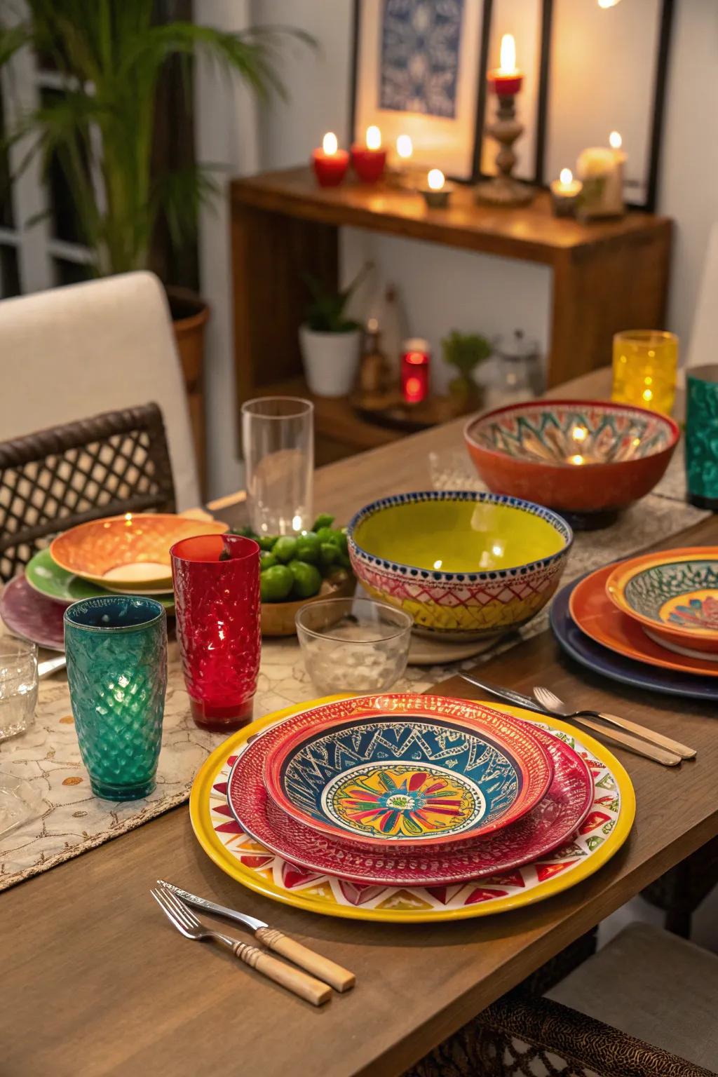 A dining table beautifully set with colorful traditional dinnerware for Navratri.