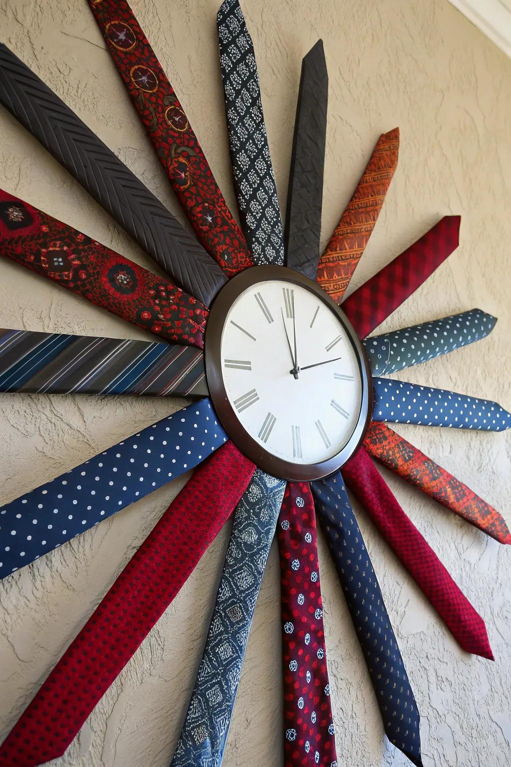 Transform your old ties into a striking sunburst clock for a bold statement piece that adds flair to any room.