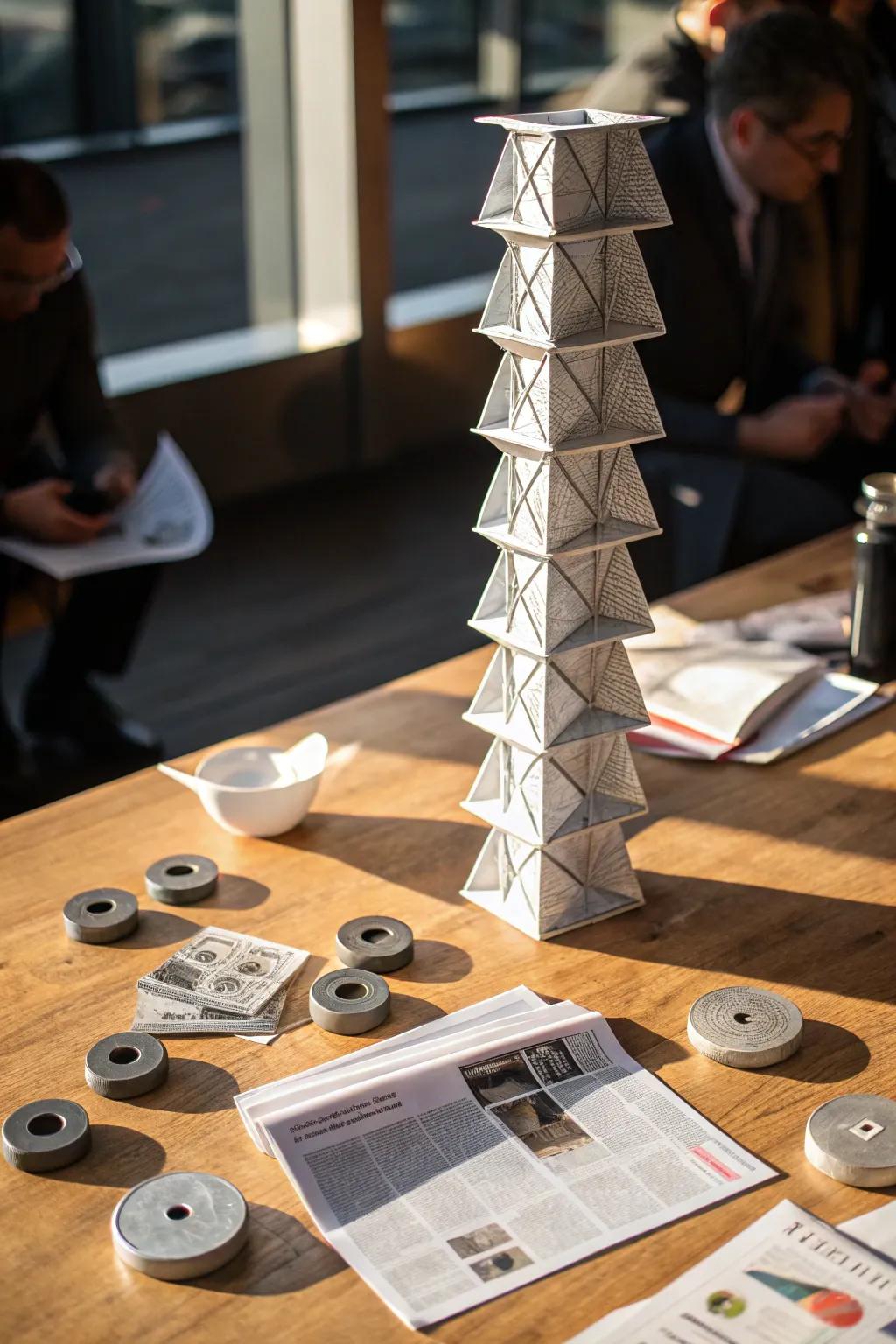 Master the art of balance with creative weight placement in your newspaper tower designs.