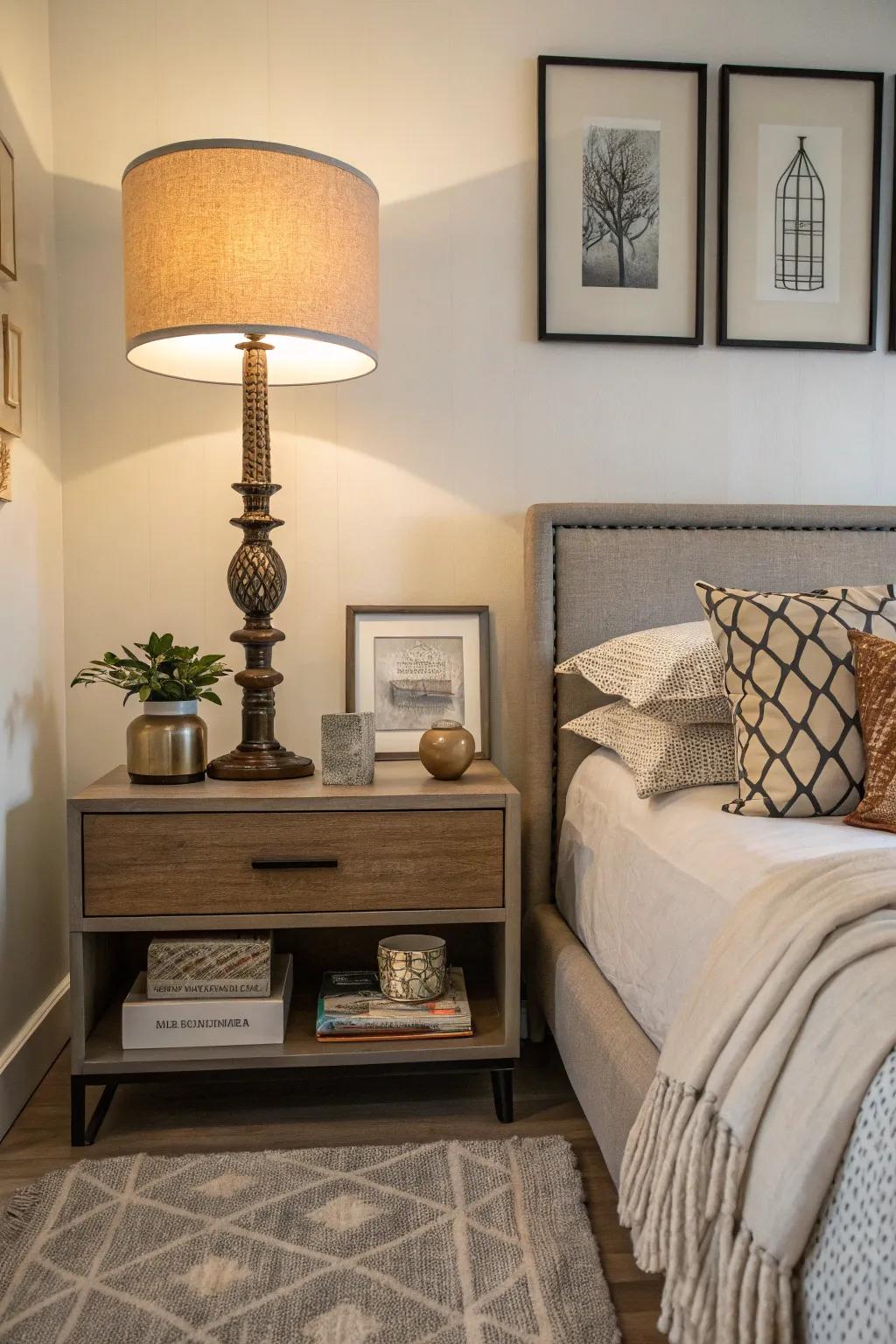 A low-profile nightstand paired with a tall lamp creating visual balance in the bedroom.