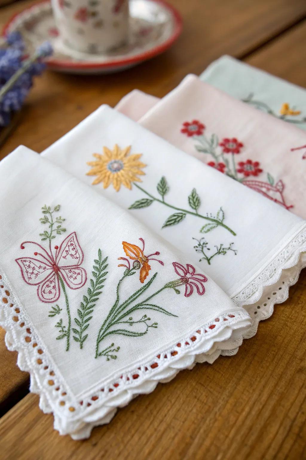 Embroidered handkerchiefs showcasing personal craftsmanship.