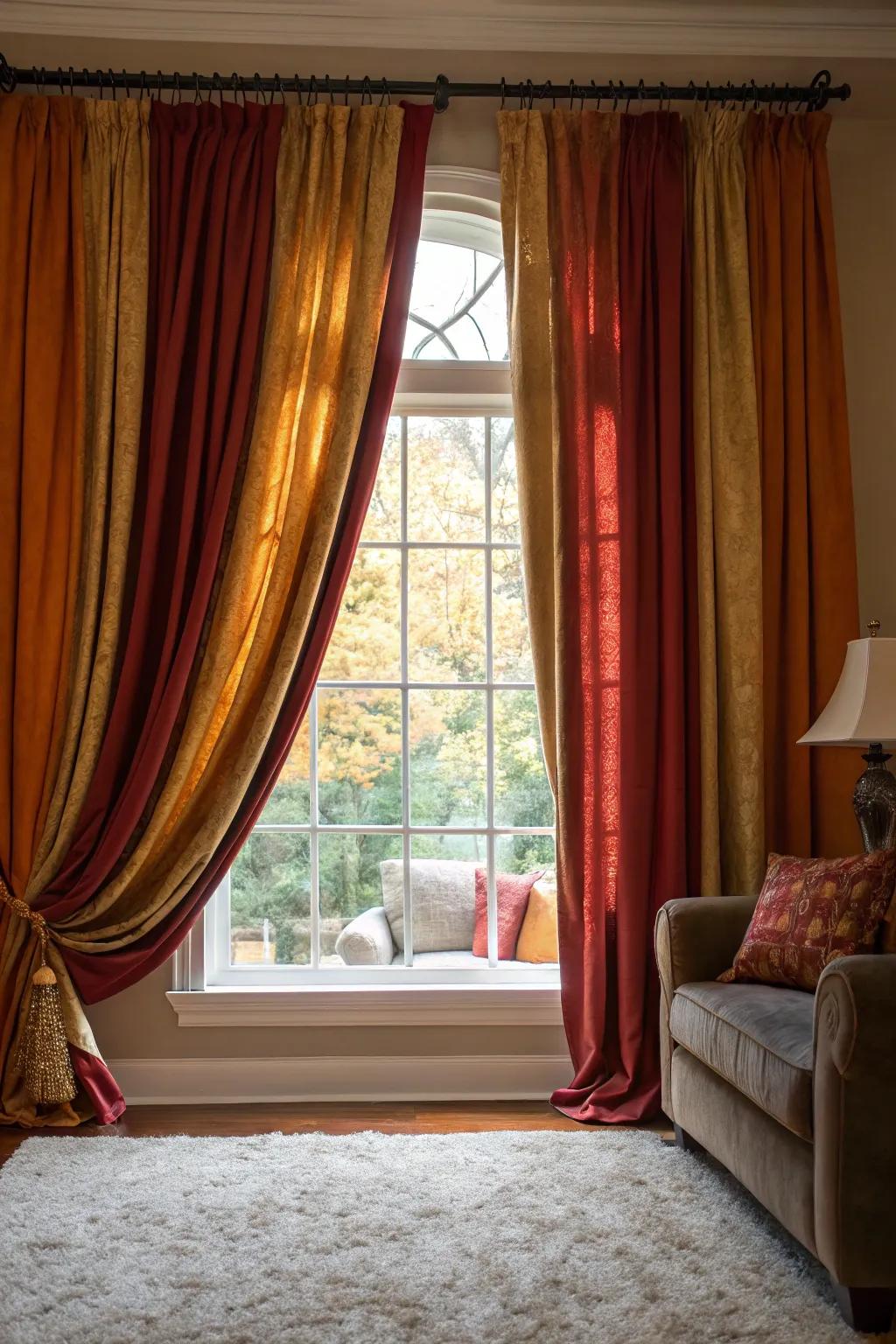 Keep cozy with warm window treatments in rich autumn colors that add a luxurious touch.