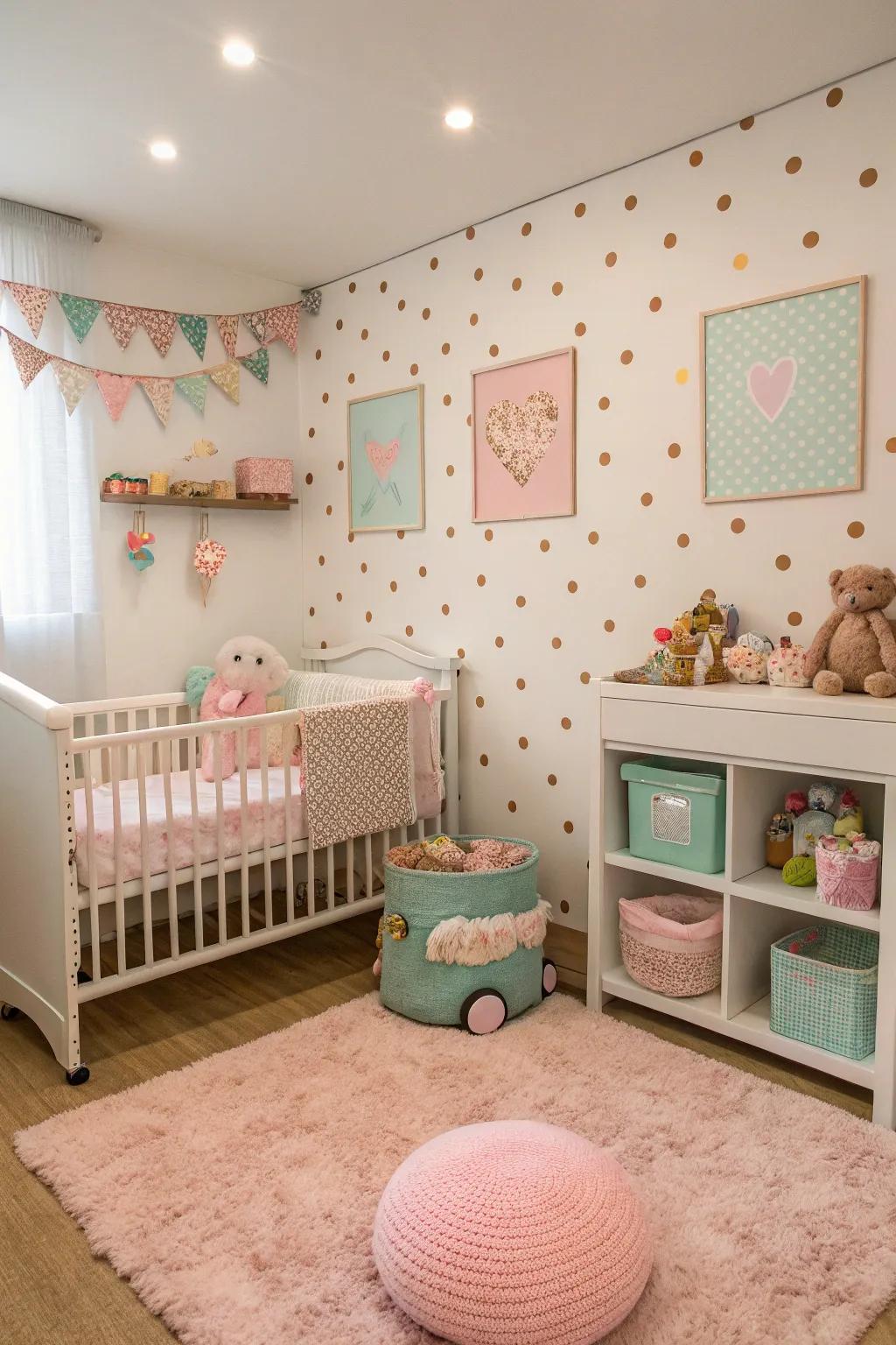 A whimsical nursery with a polka dot accent wall adding playful charm.