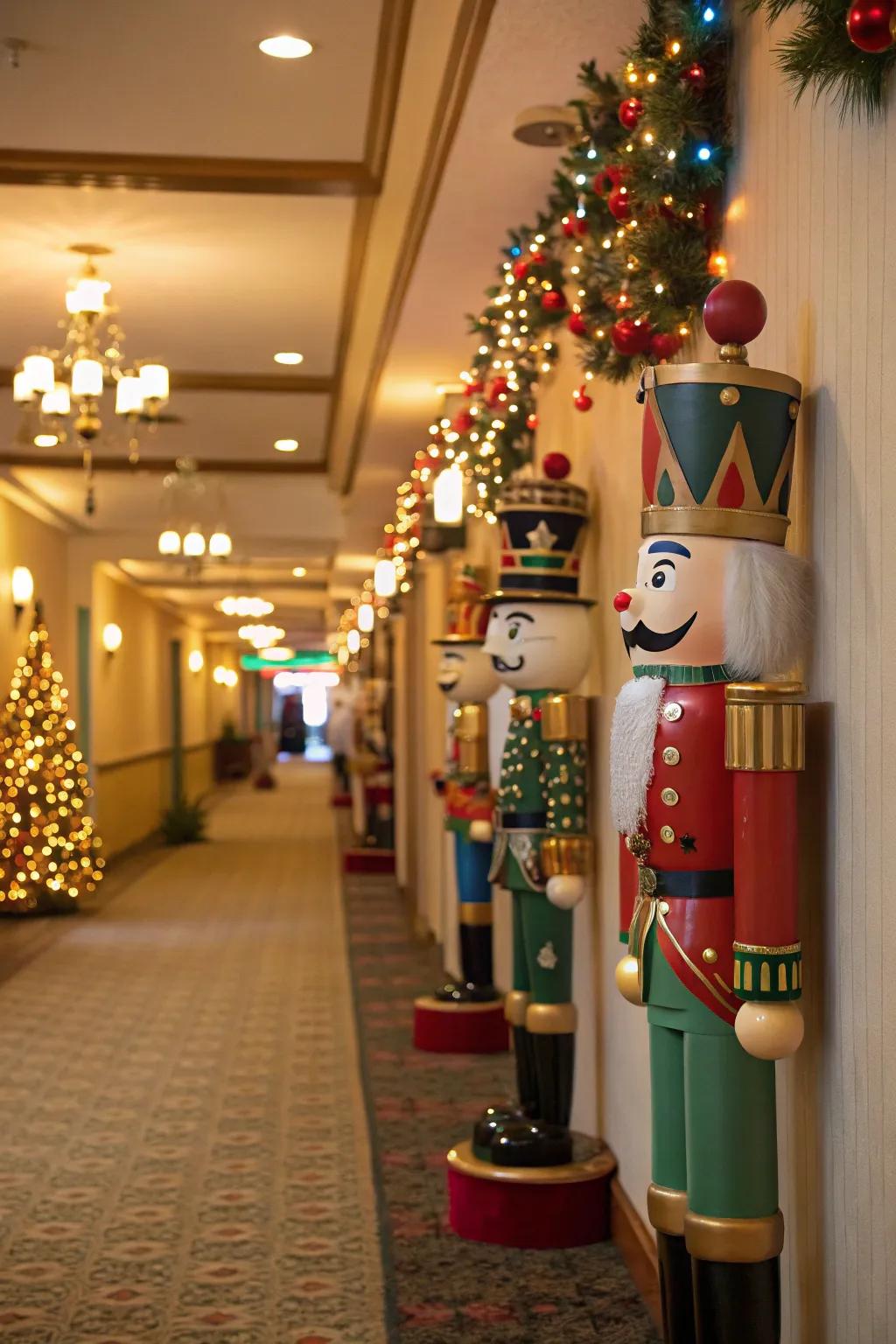 Nutcrackers in the hallway create a festive journey through your home.