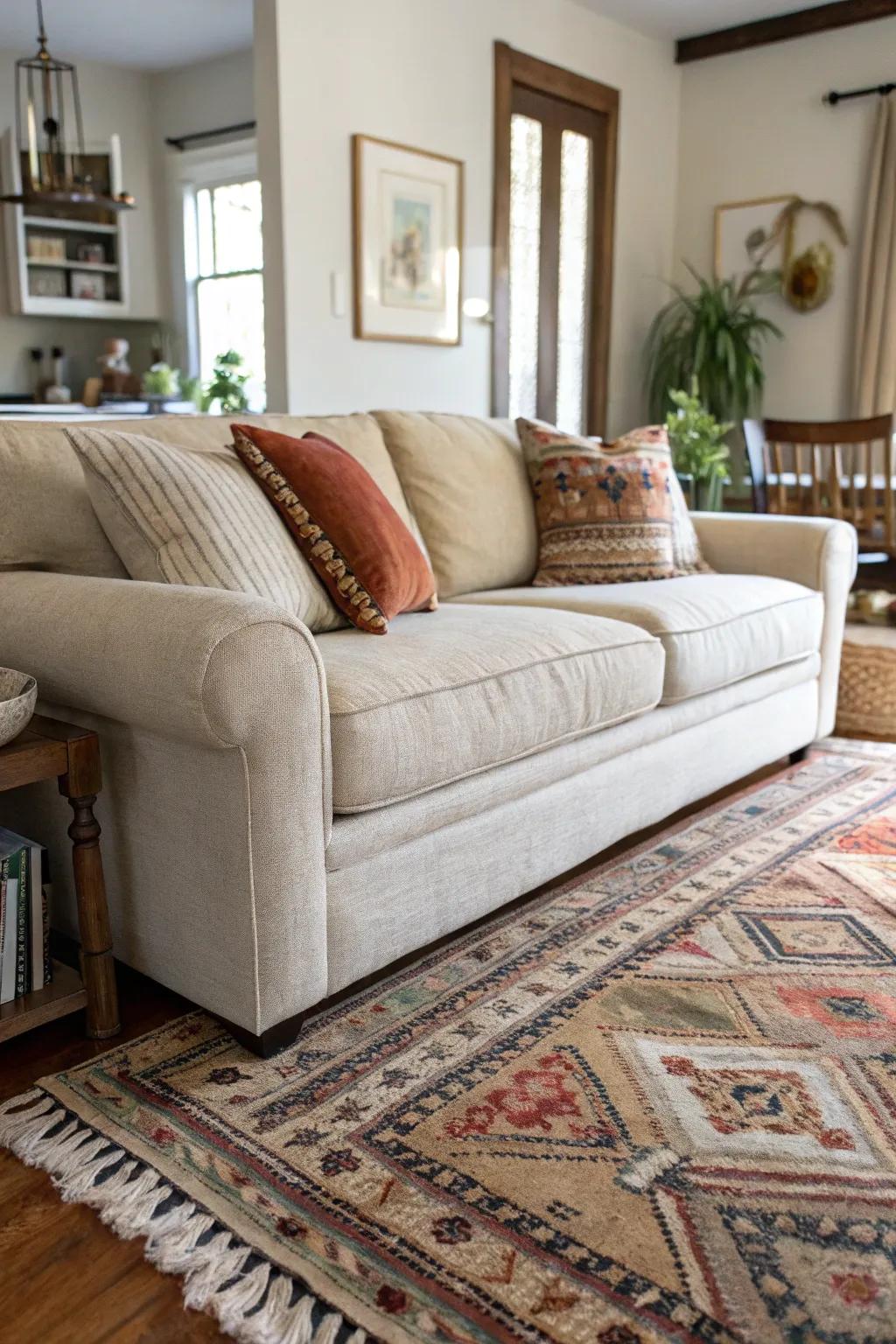 Layered rugs add texture and depth to an oatmeal sofa setting.