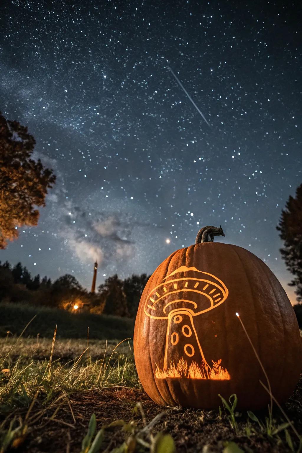 A UFO carving that adds an alien touch to your Halloween night.