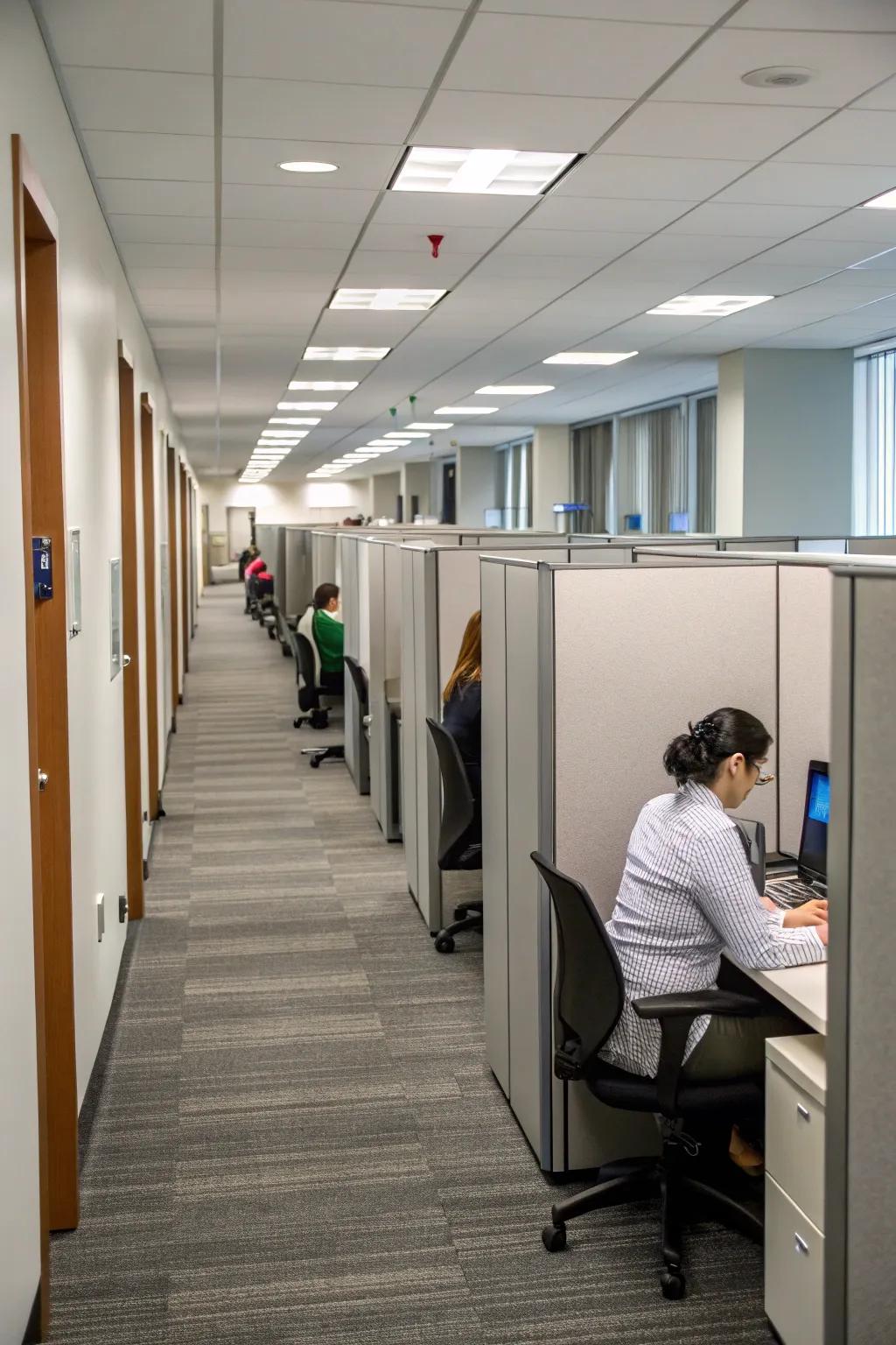 Straight-run cubicles maximizing space and providing privacy.