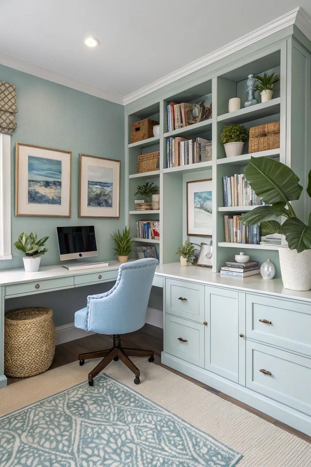 A coordinated color scheme creates a harmonious and serene home office.