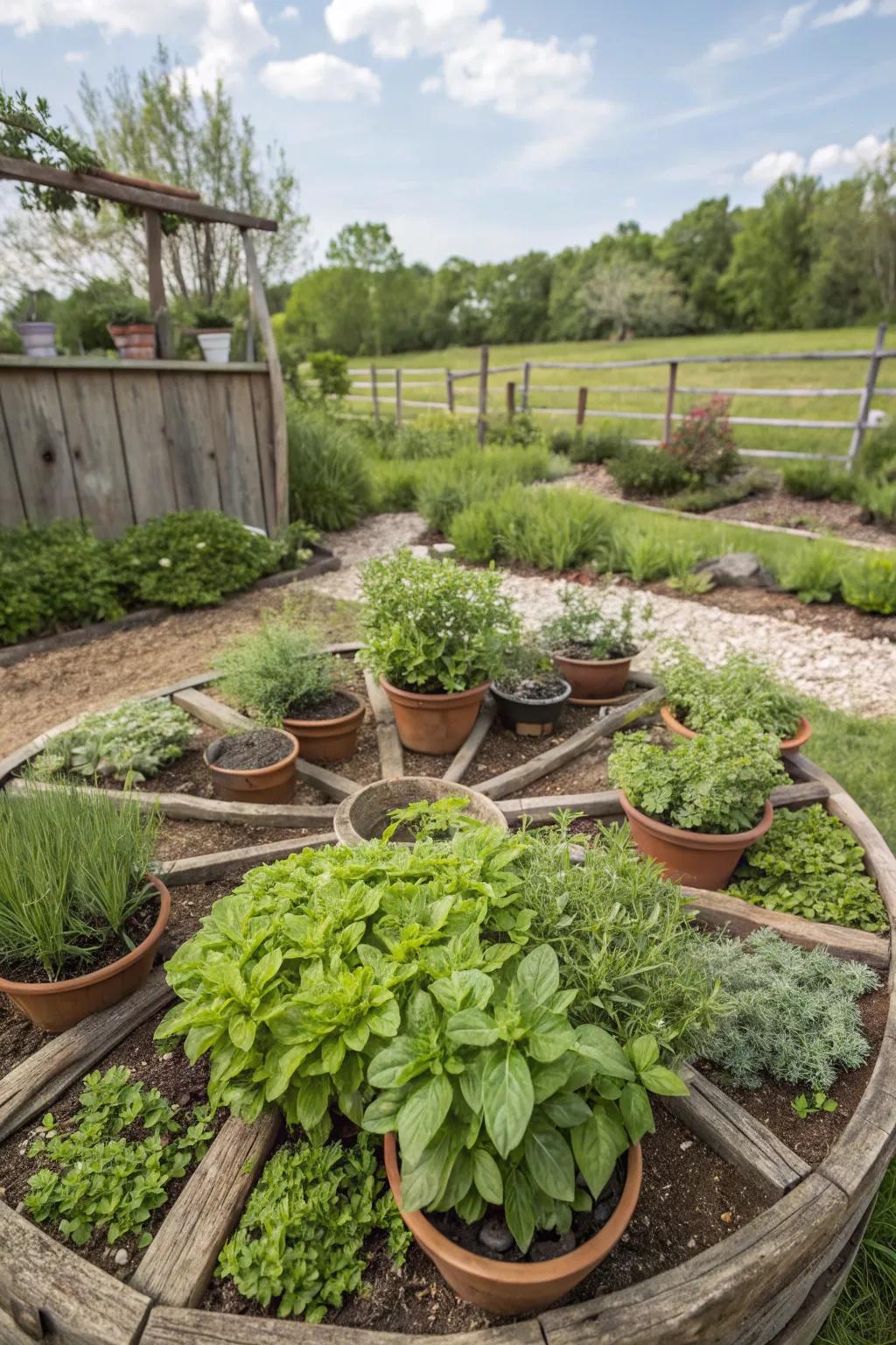 A wagon wheel herb garden is both practical and pretty.