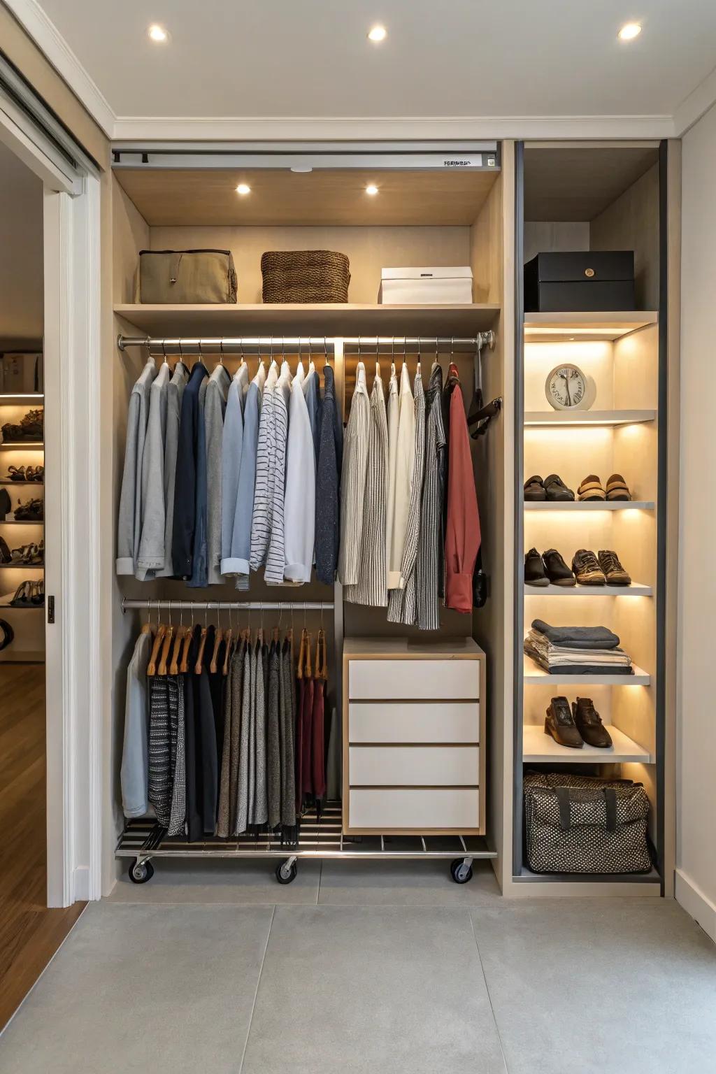 A rolling clothes rack offering versatility in an open closet.