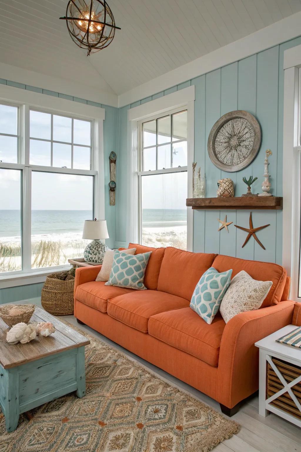 A breezy coastal living room where an orange couch complements light blue accents.