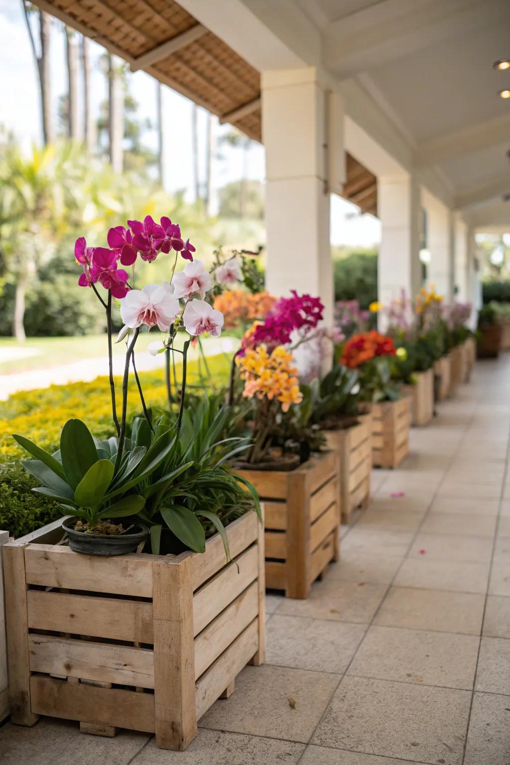 Rustic wooden crates create a casual orchid display on a patio.