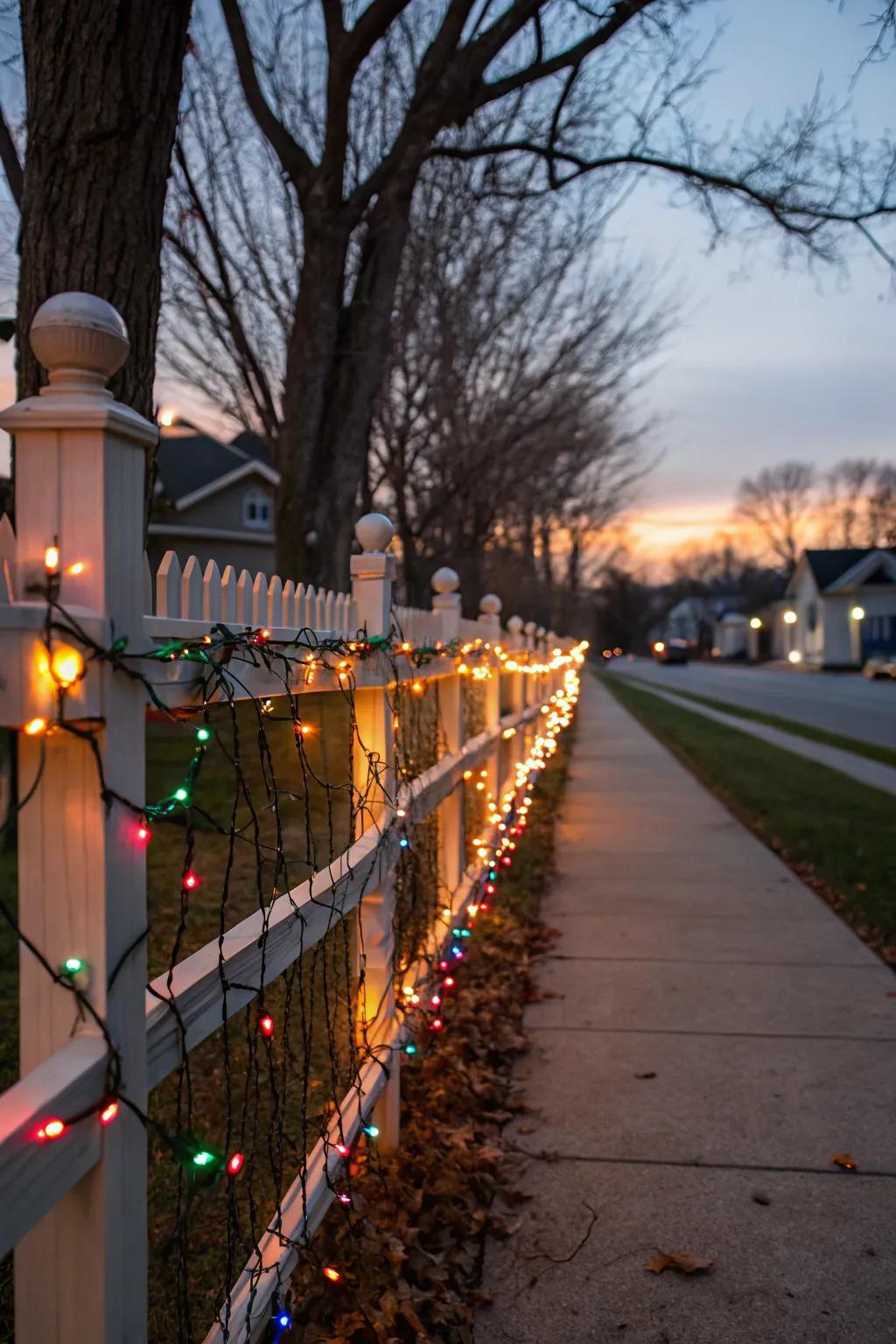 Festive fence lighting adds sparkle and defines the perimeter with holiday cheer.