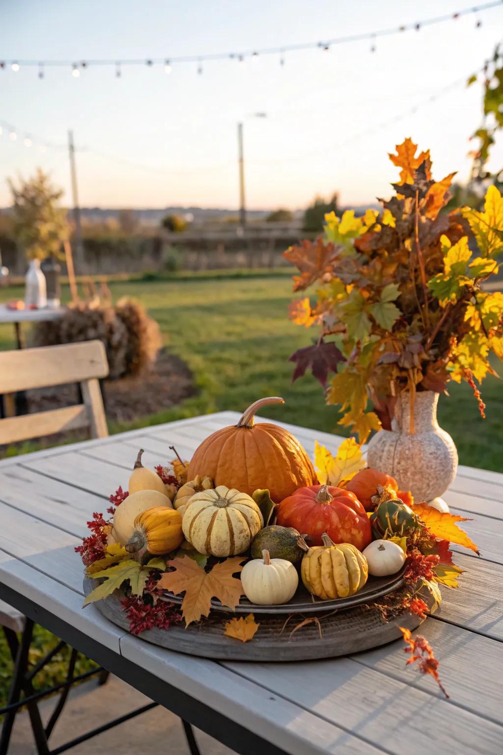 A gourd centerpiece adds natural beauty to fall tables.