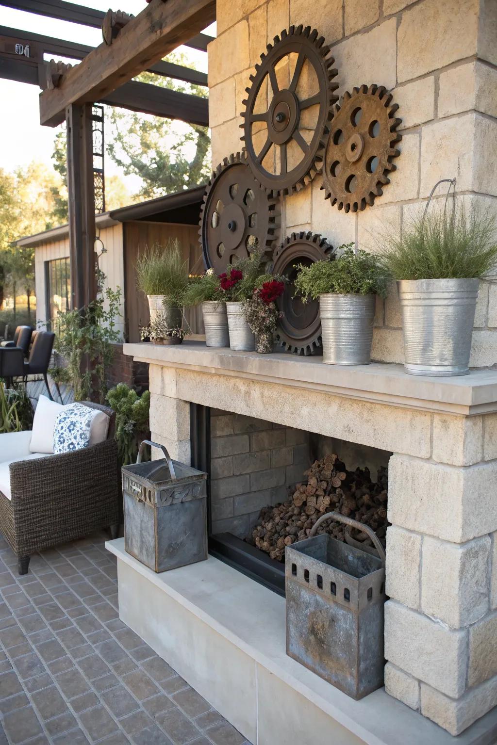 An industrial-themed mantel with metal and gear elements.