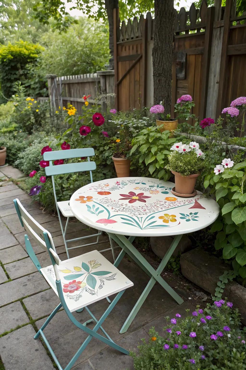 A whimsical stencil-painted tabletop that adds personal charm to any outdoor setting.