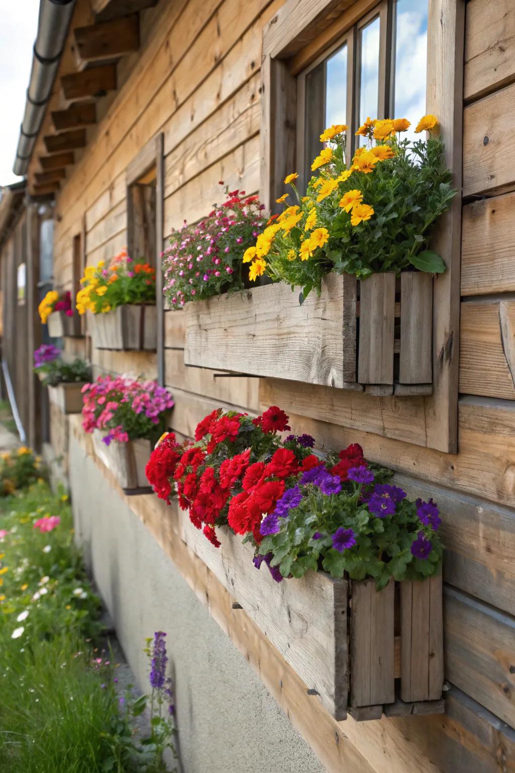 Wooden planter boxes bring color and life to walls.