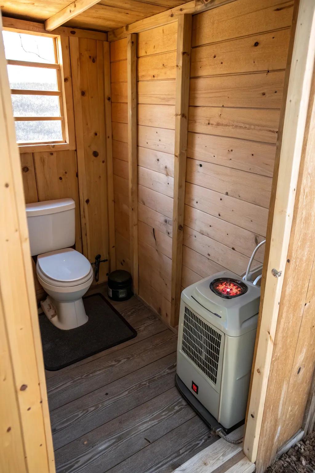 Portable heating ensures this outhouse bathroom is comfortable in any season.