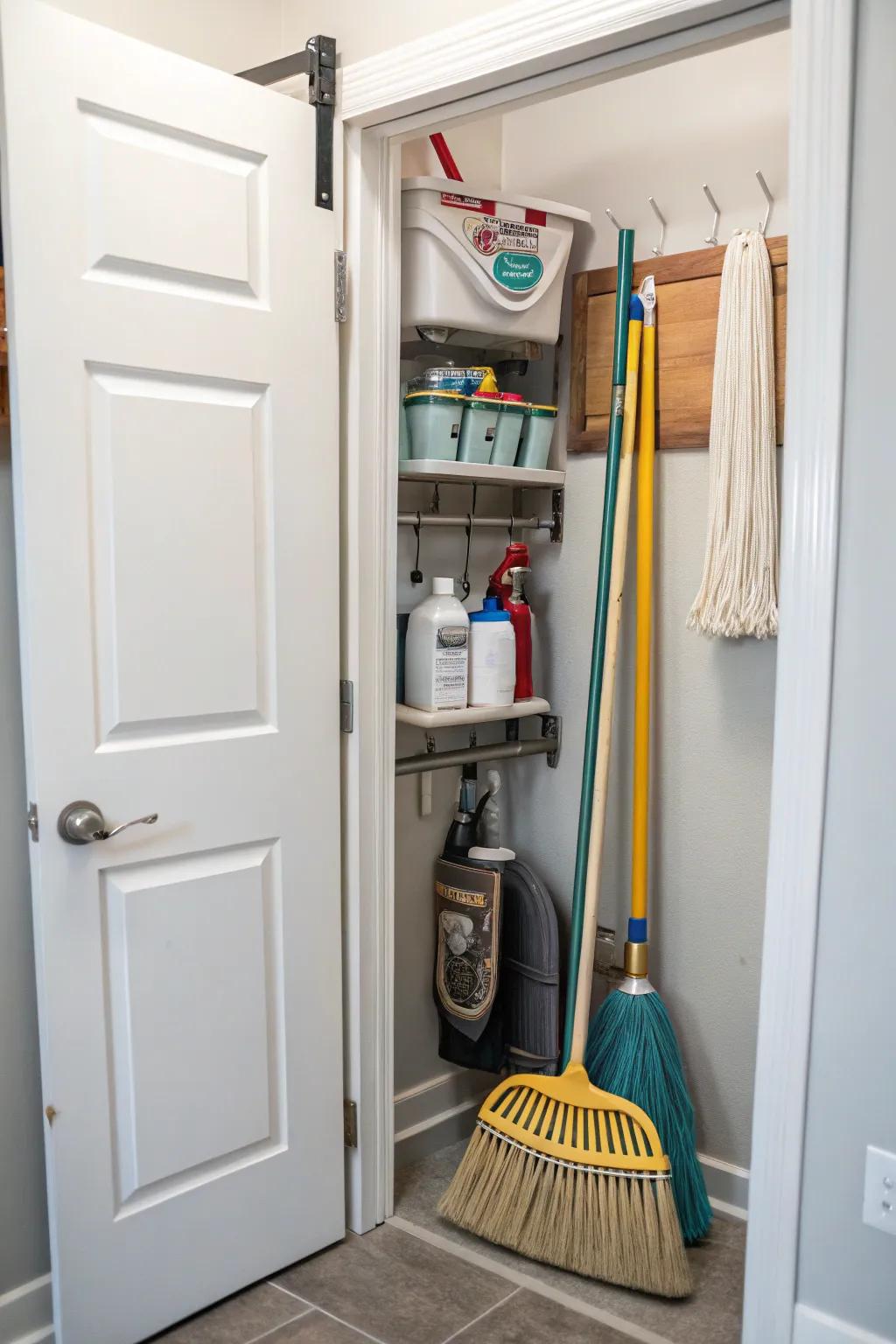 Store cleaning tools efficiently with a door holder.