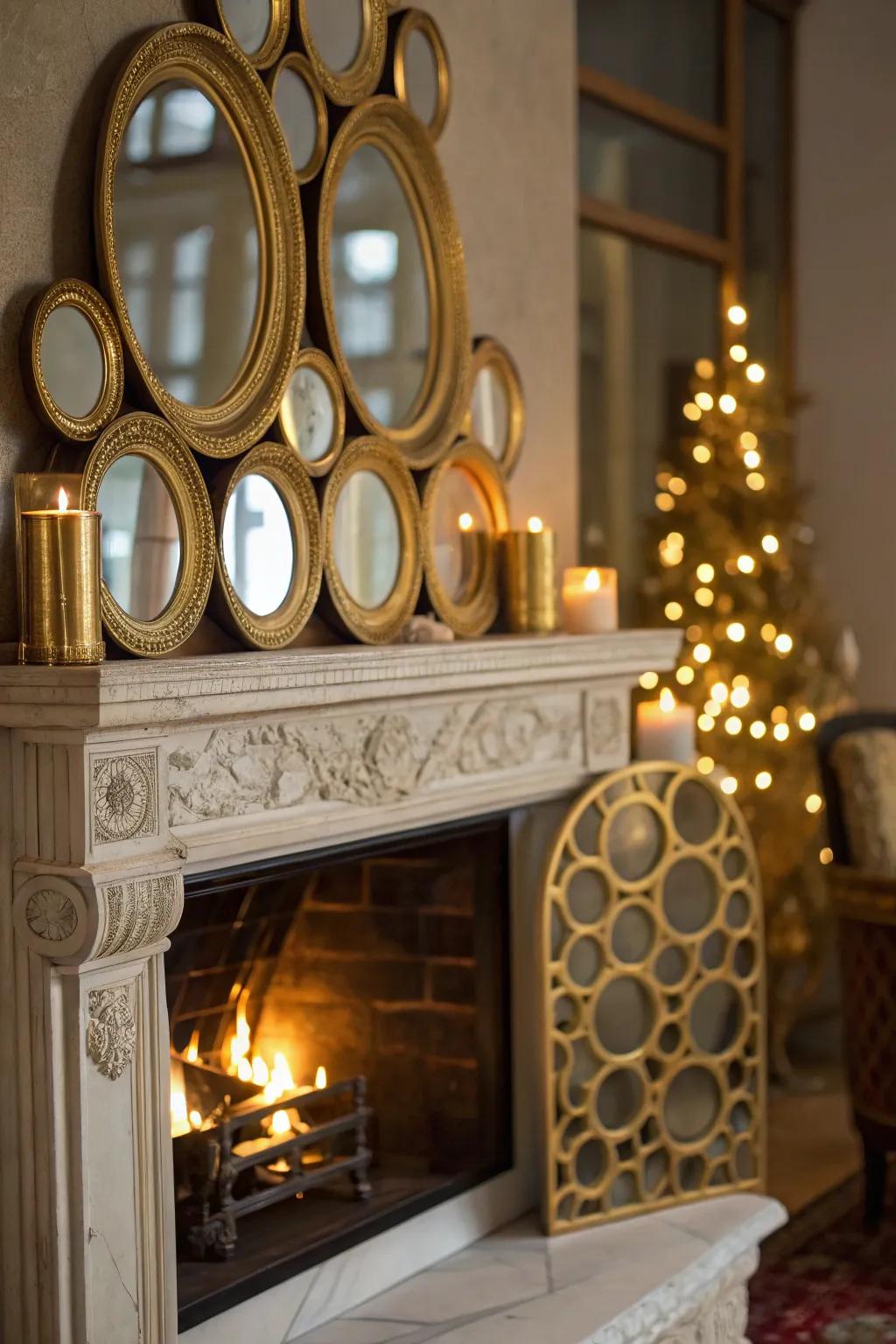 Stacked gold mirrors add elegance and dimension to your fireplace.