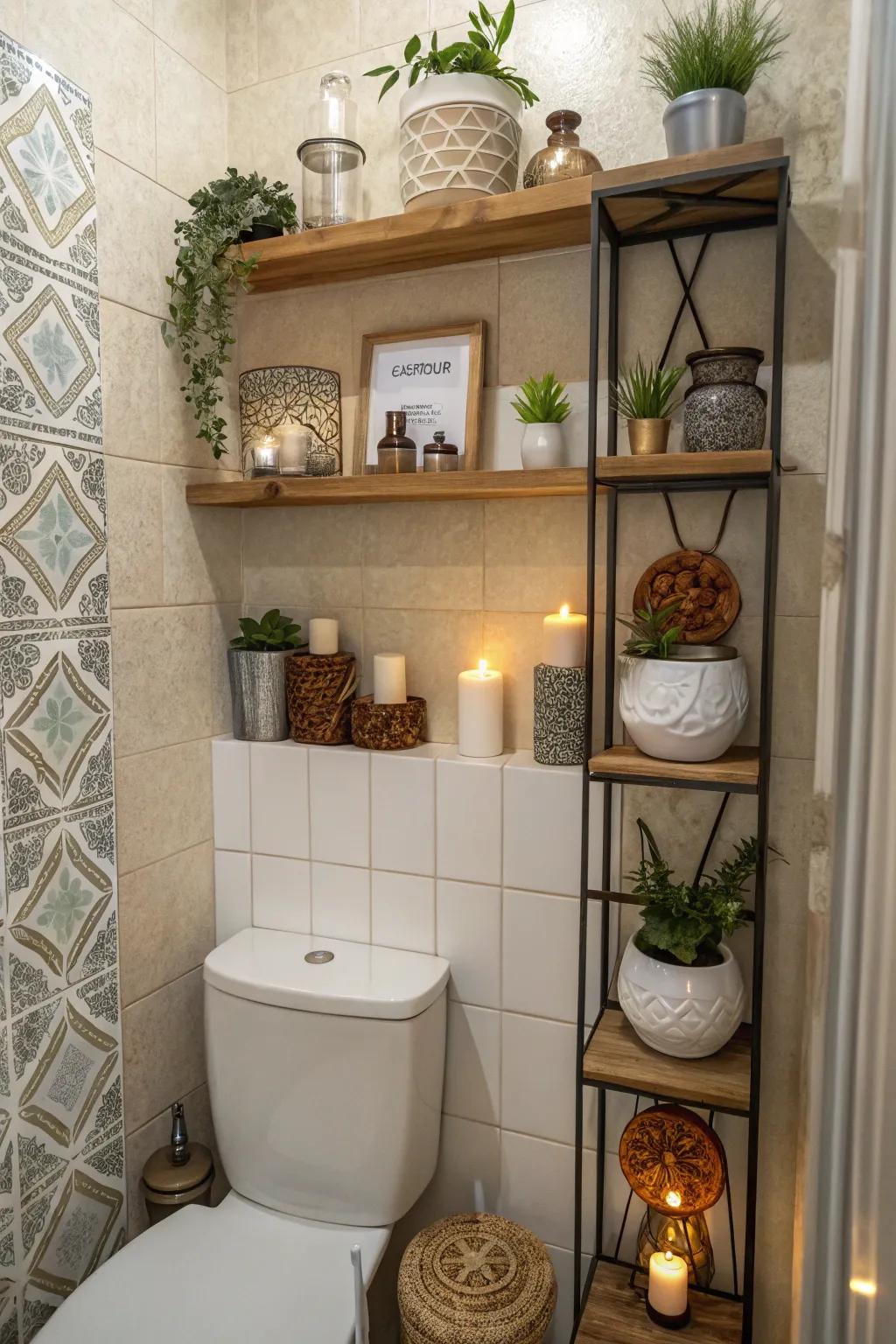 Tile adds texture and elegance to bathroom storage areas.