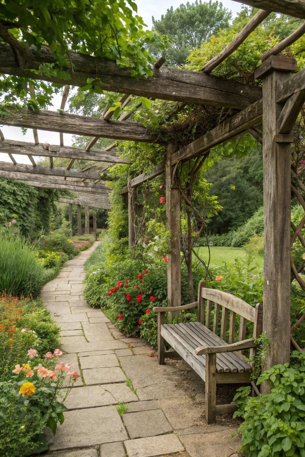 Rustic wood features bring timeless charm to the garden.