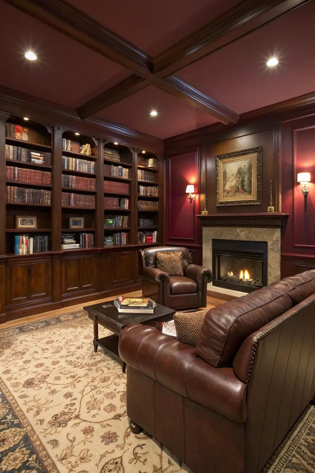 Rich burgundy walls add depth and elegance to this cozy library room.