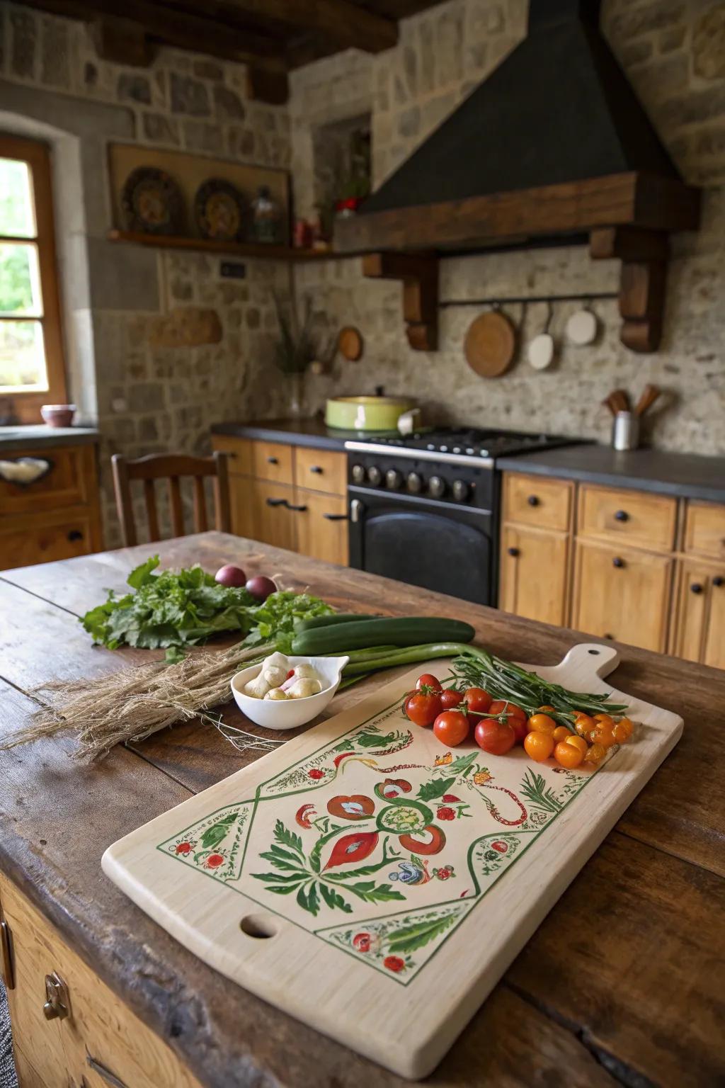 A cutting board adorned with vibrant folk art designs, adding charm to the kitchen.