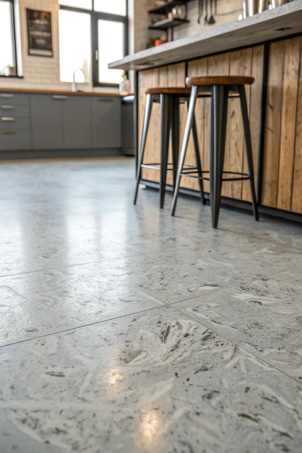 Transform your space with this stunning faux concrete OSB floor finish for an industrial chic vibe.
