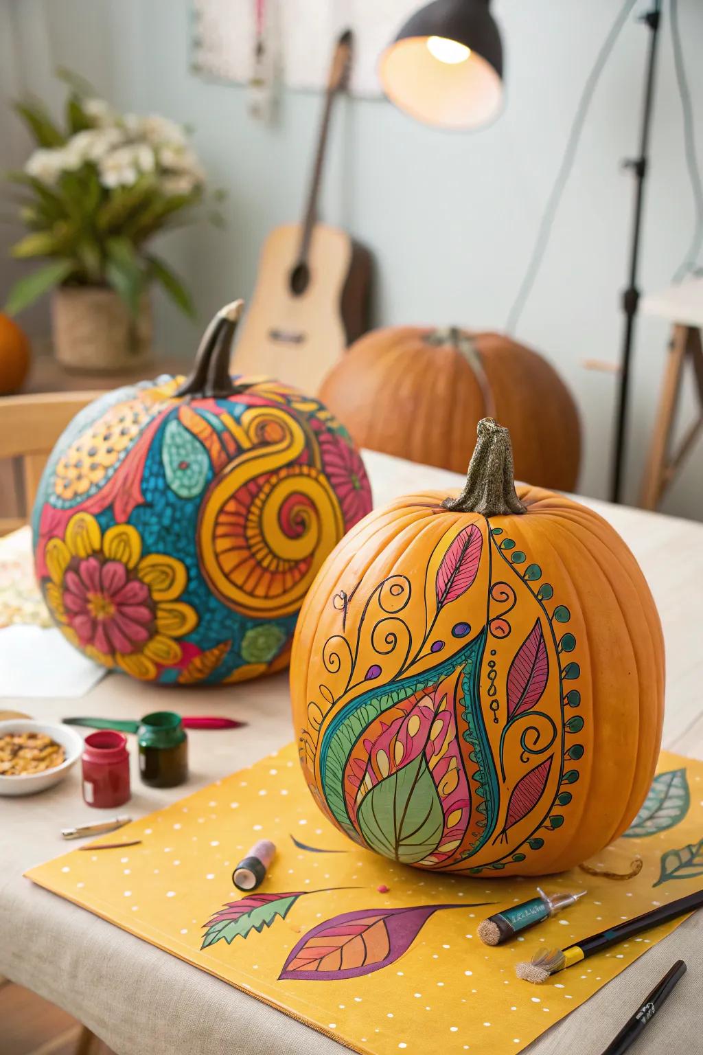 Abstract pumpkins offer a burst of creativity and color.