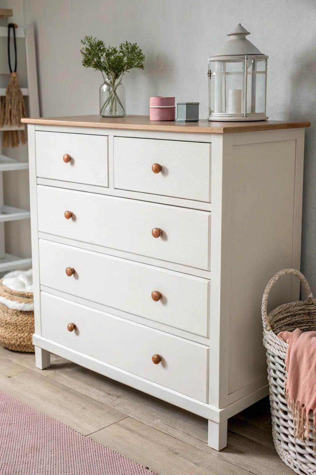 A dresser with knobs painted to match.