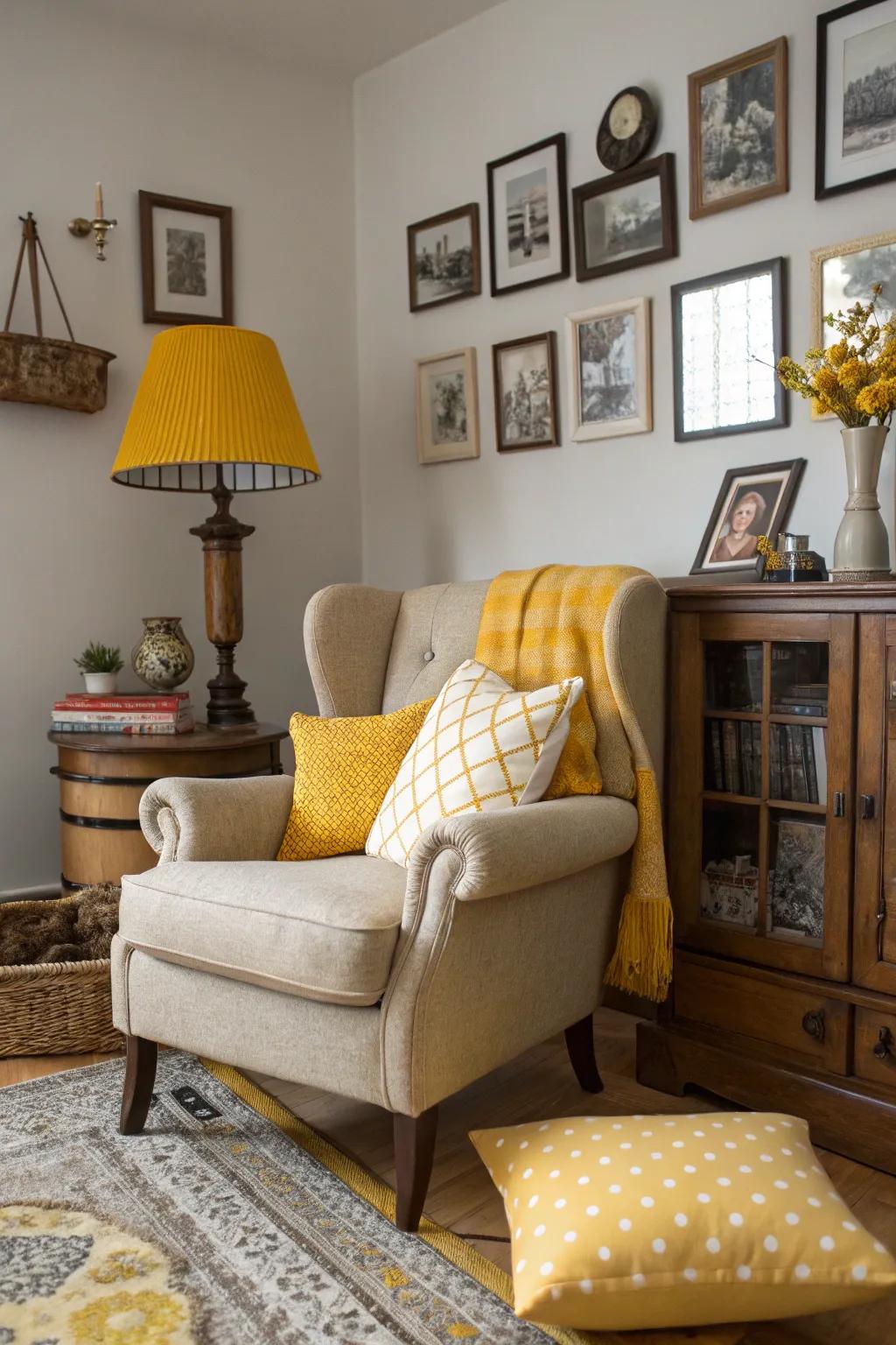 Vintage decor and yellow hues create a charming, nostalgic living space.