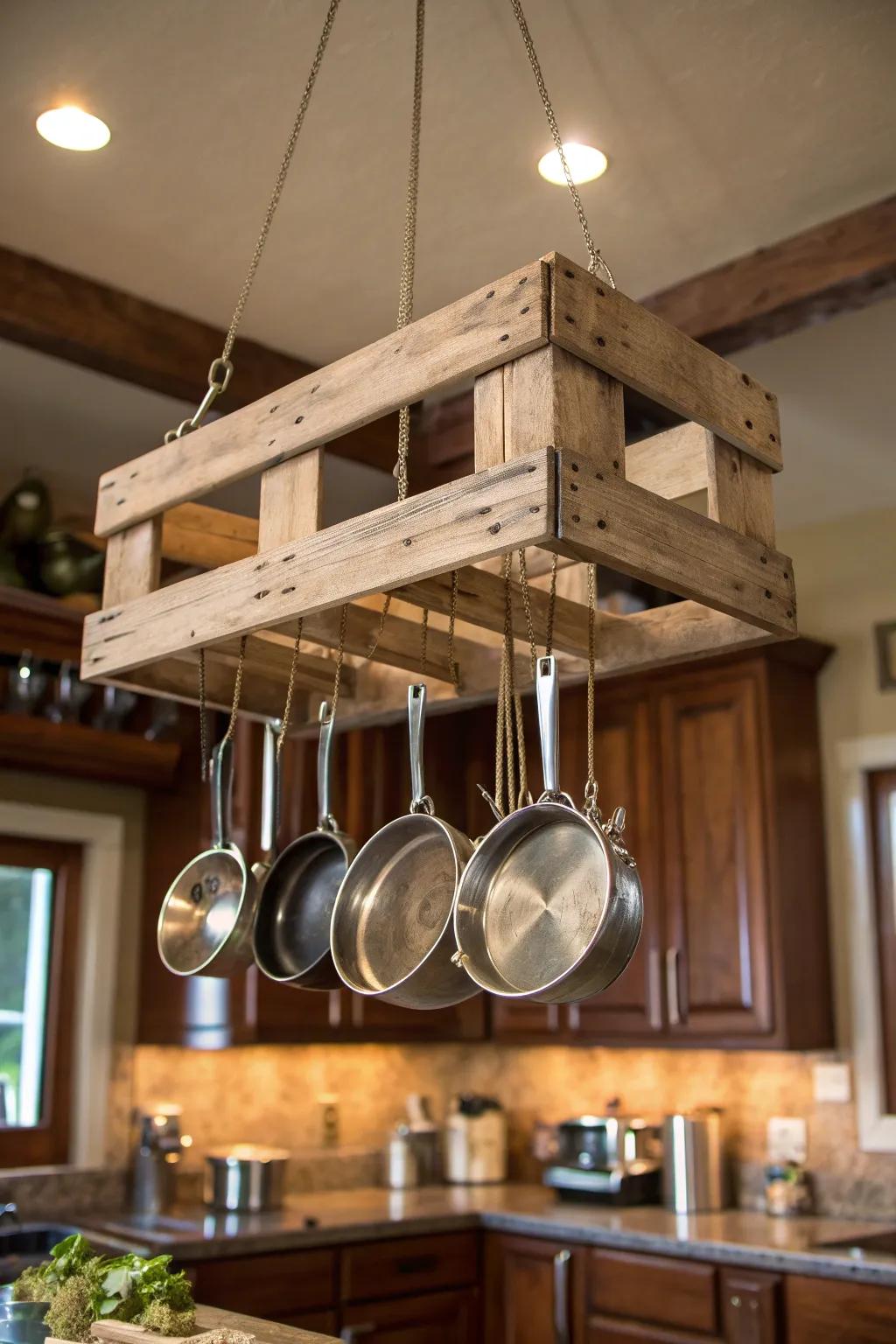 Transform your kitchen with a rustic pallet pot rack—stylish organization meets charm.